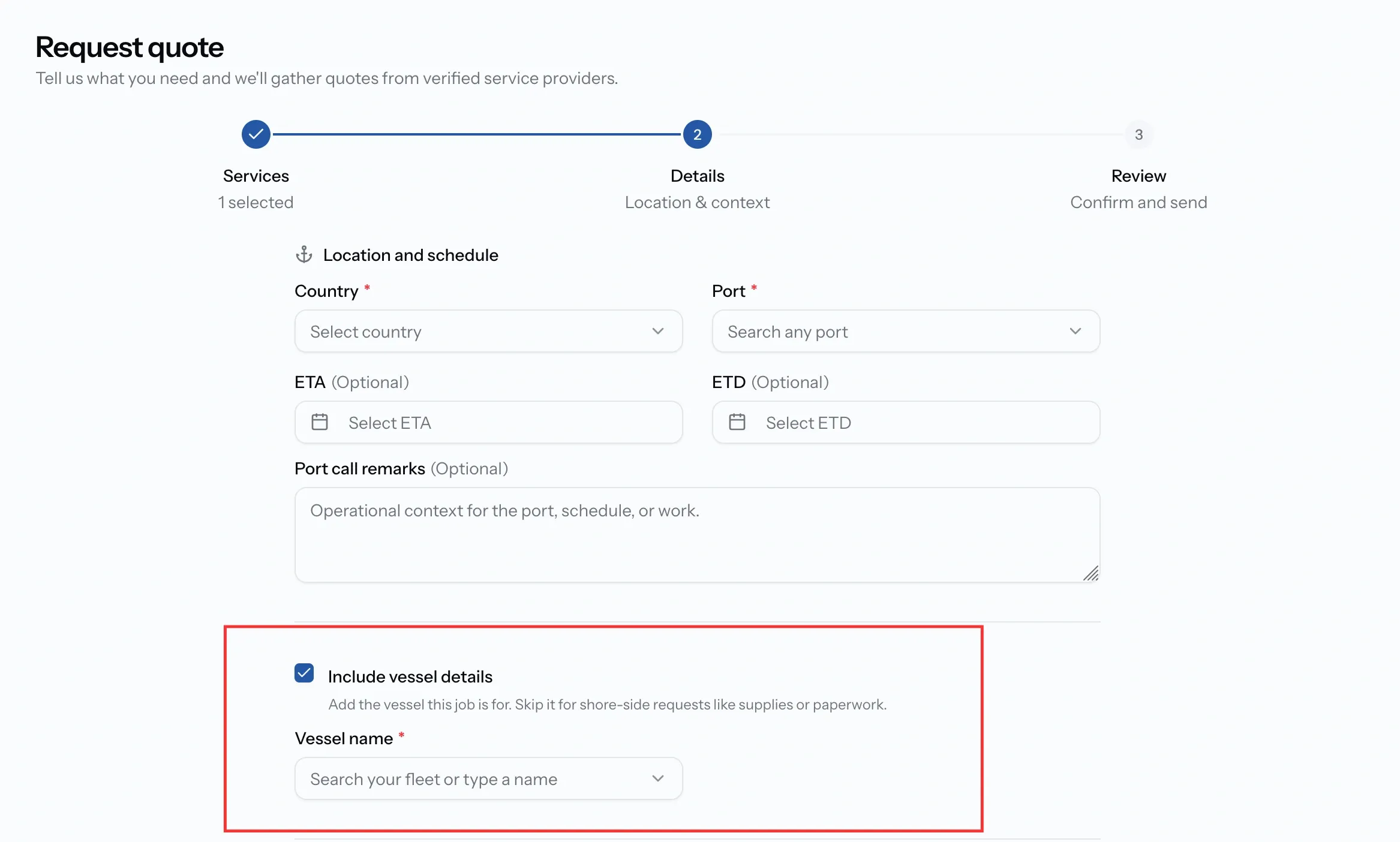 Vessel section of the PortzApp request form with the include vessel details option ticked and a note that it can be skipped for shore-side requests