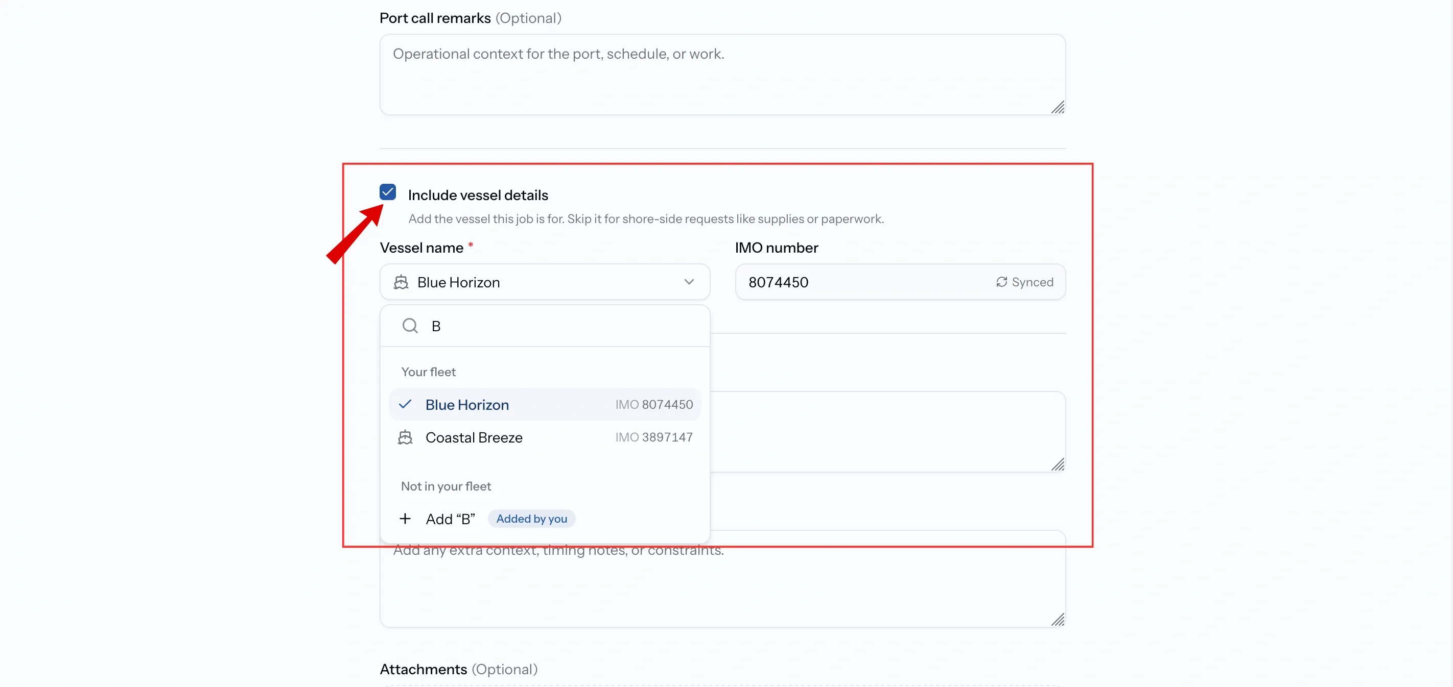 The Include vessel details checkbox ticked, with a fleet vessel selected and its IMO shown as read-only
