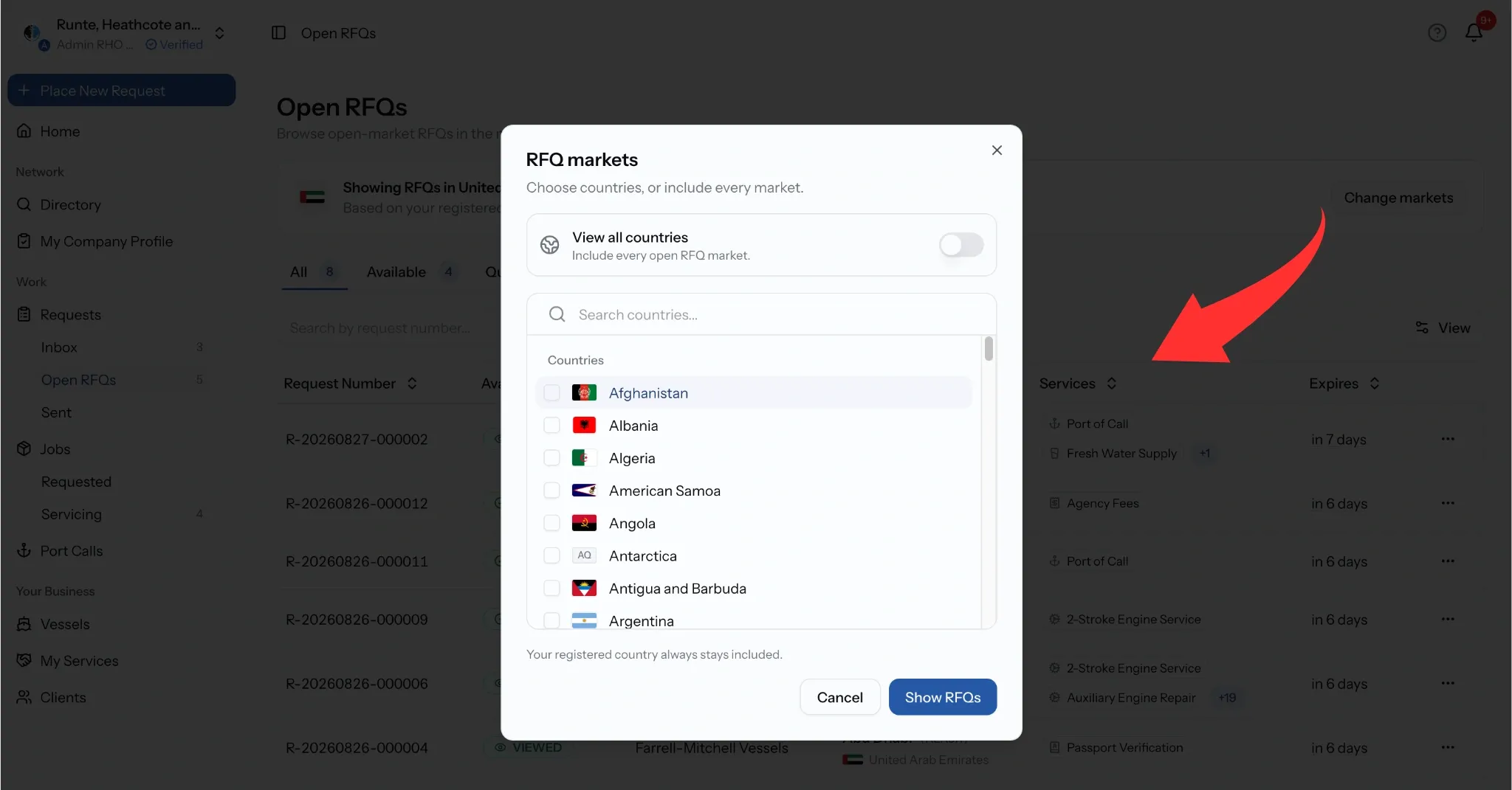 PortzApp RFQ markets dialog with a view all countries toggle, a searchable country list with checkboxes, and a note that your registered country always stays included