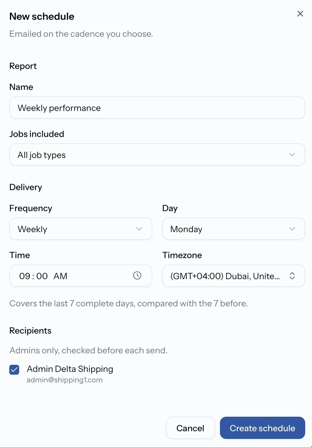 New schedule form with frequency, time and recipients