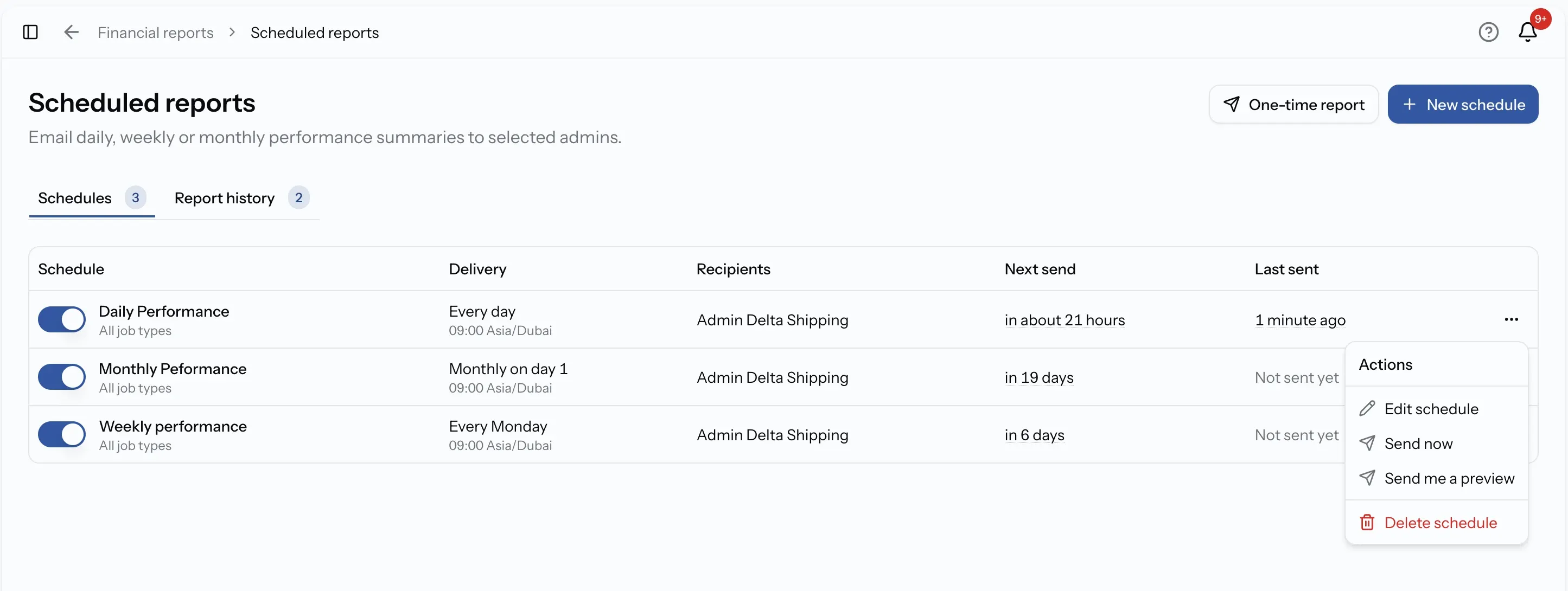Scheduled reports with next and last send