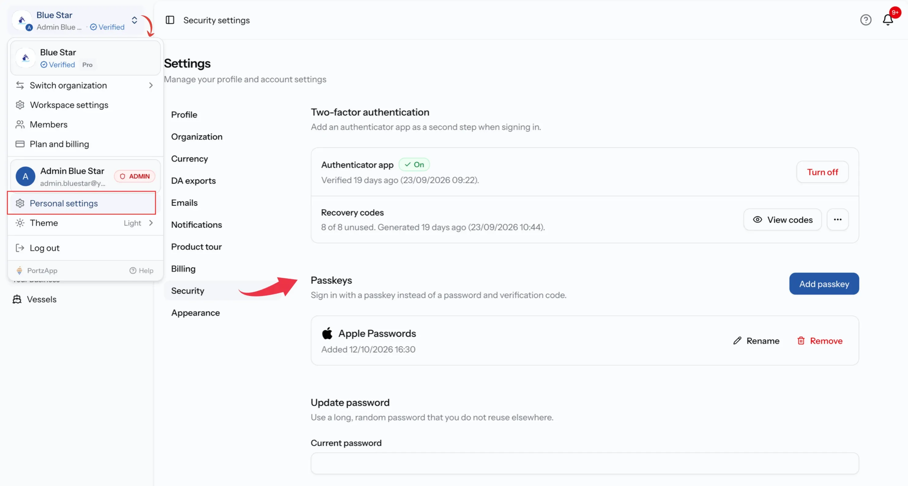 Security settings page