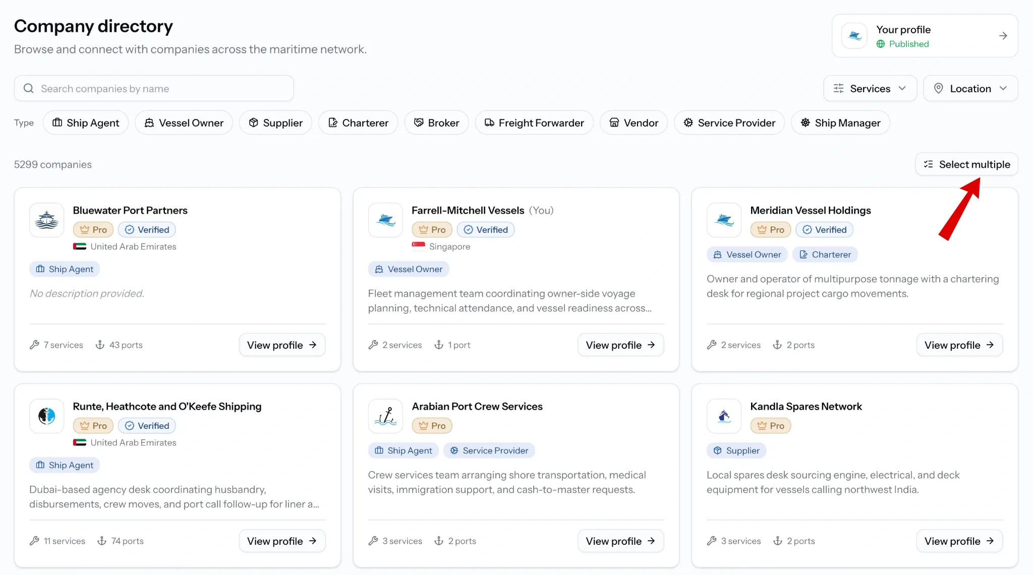 PortzApp directory with the Select multiple action highlighted above the company results