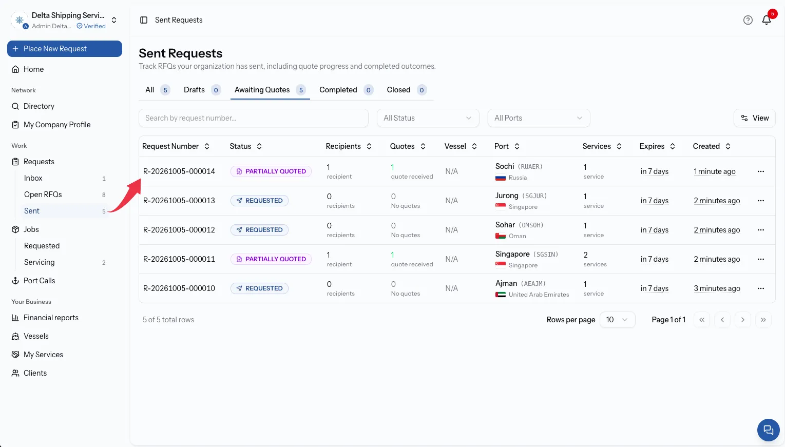 The sidebar of a ship agent account with Requests expanded to show Inbox, Open RFQs and Sent, and Sent highlighted