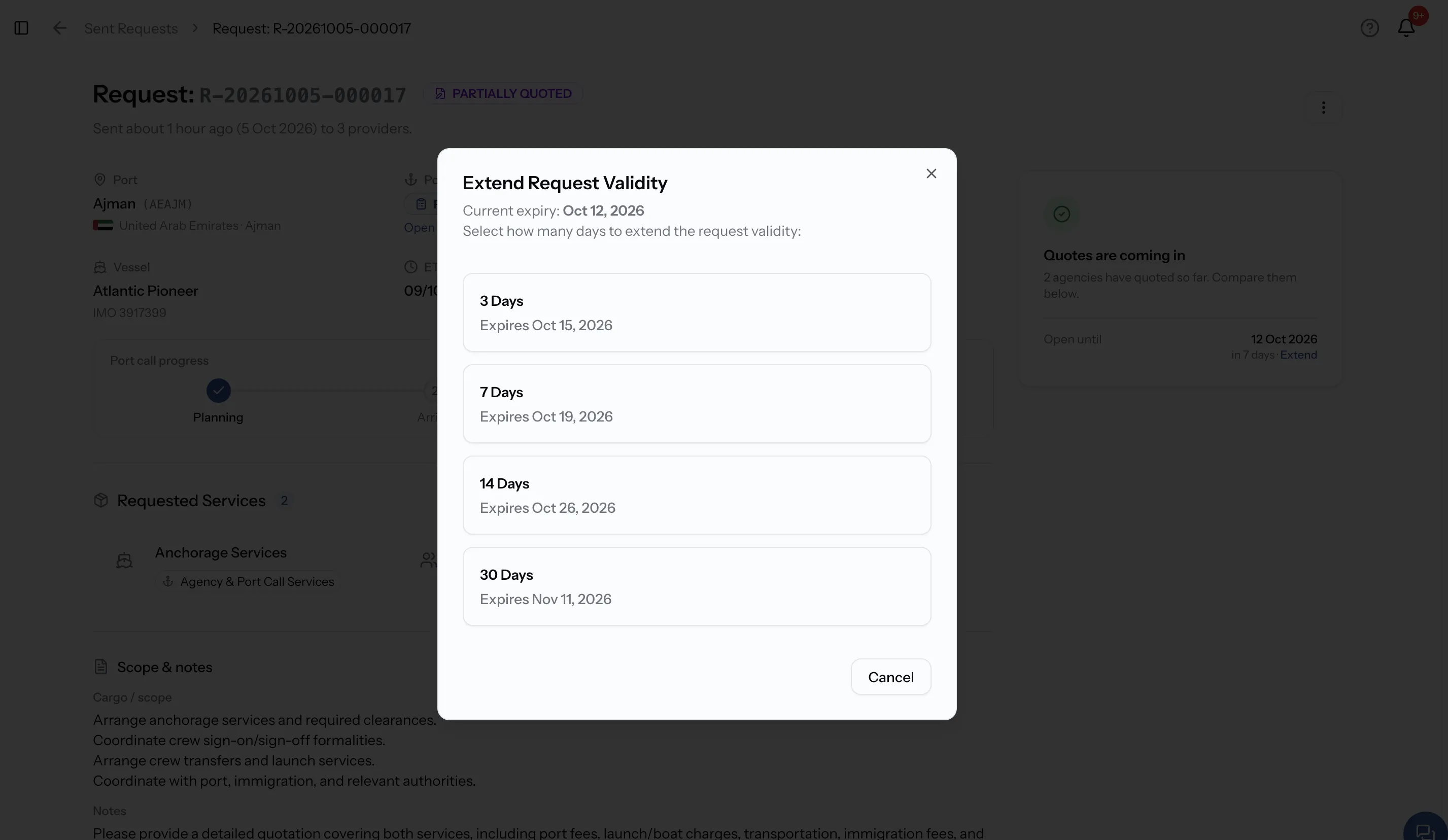 The Extend Request Validity dialog showing the current expiry and the four options with their dates.