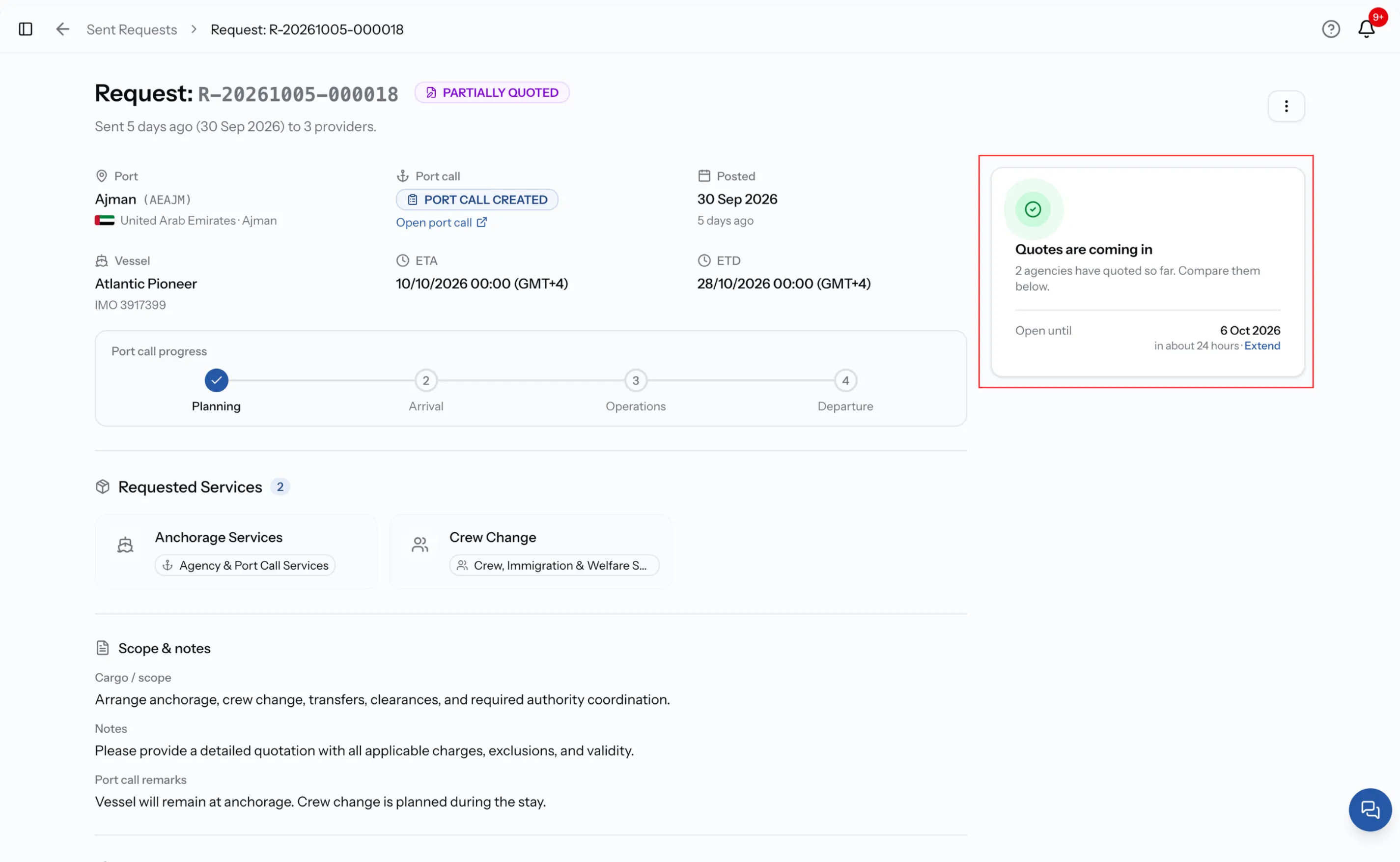The status card highlighted, showing Quotes are coming in, the Open until date, and the Extend link.