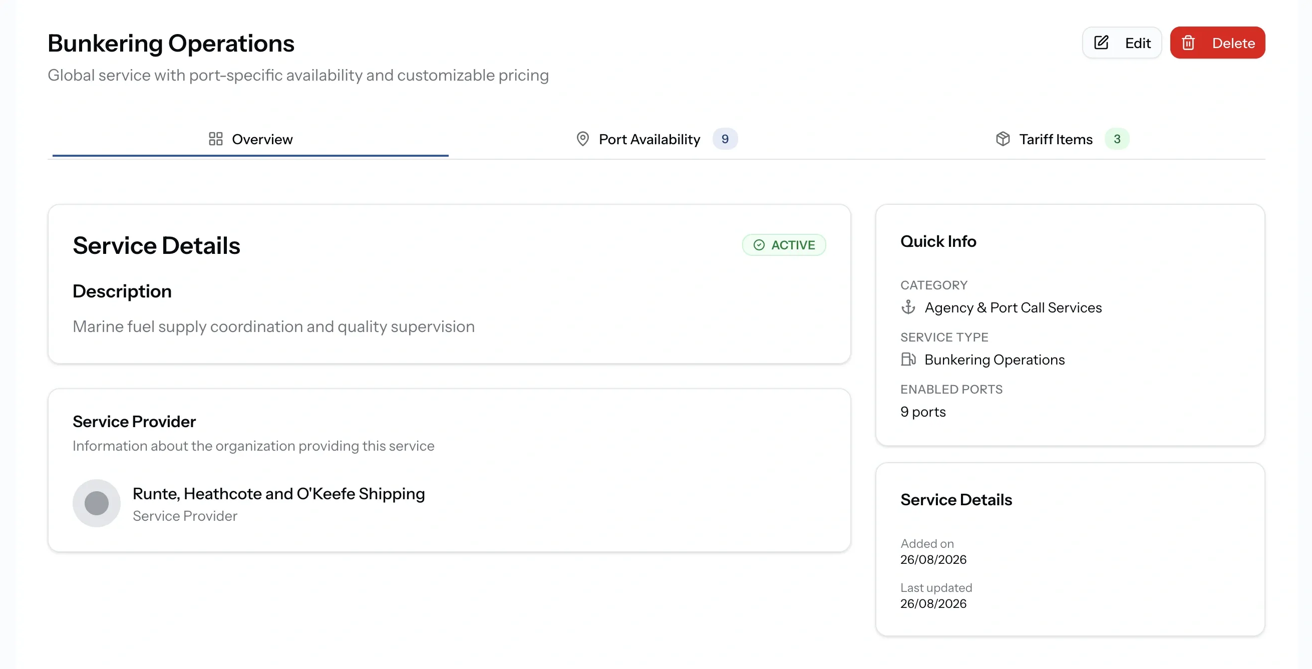 PortzApp service page showing Overview, Port Availability and Tariff Items tabs with counts, above the service provider and service details cards