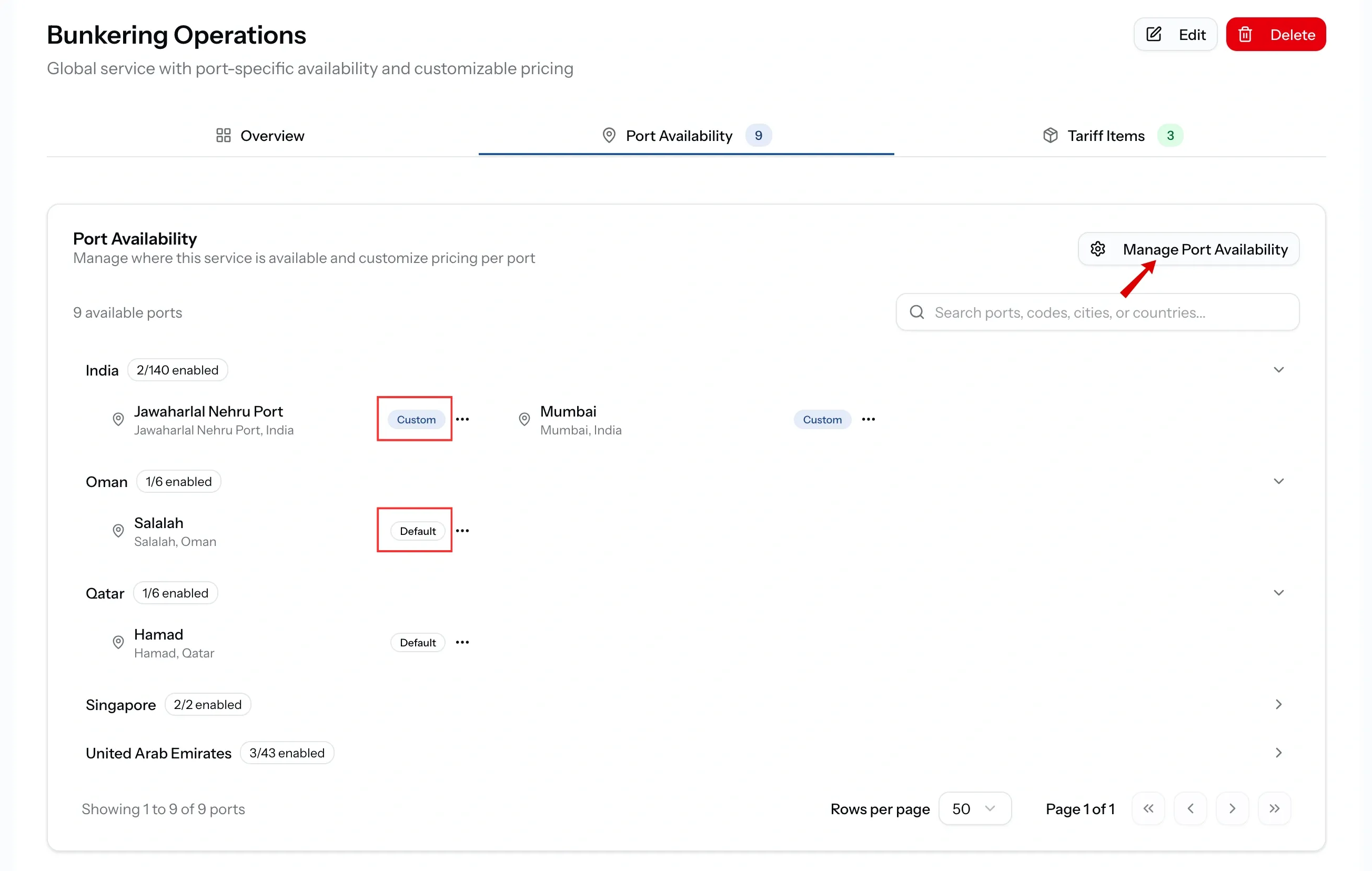  PortzApp service Port Availability tab listing enabled ports with default and custom pricing badges