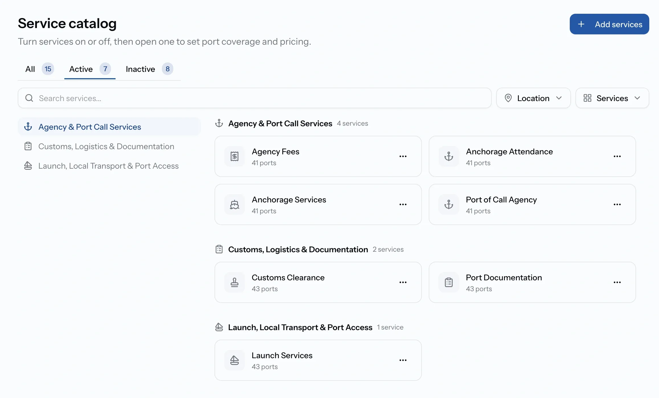 PortzApp My Services page showing the service catalogue with status filters, search, and an action to add more services