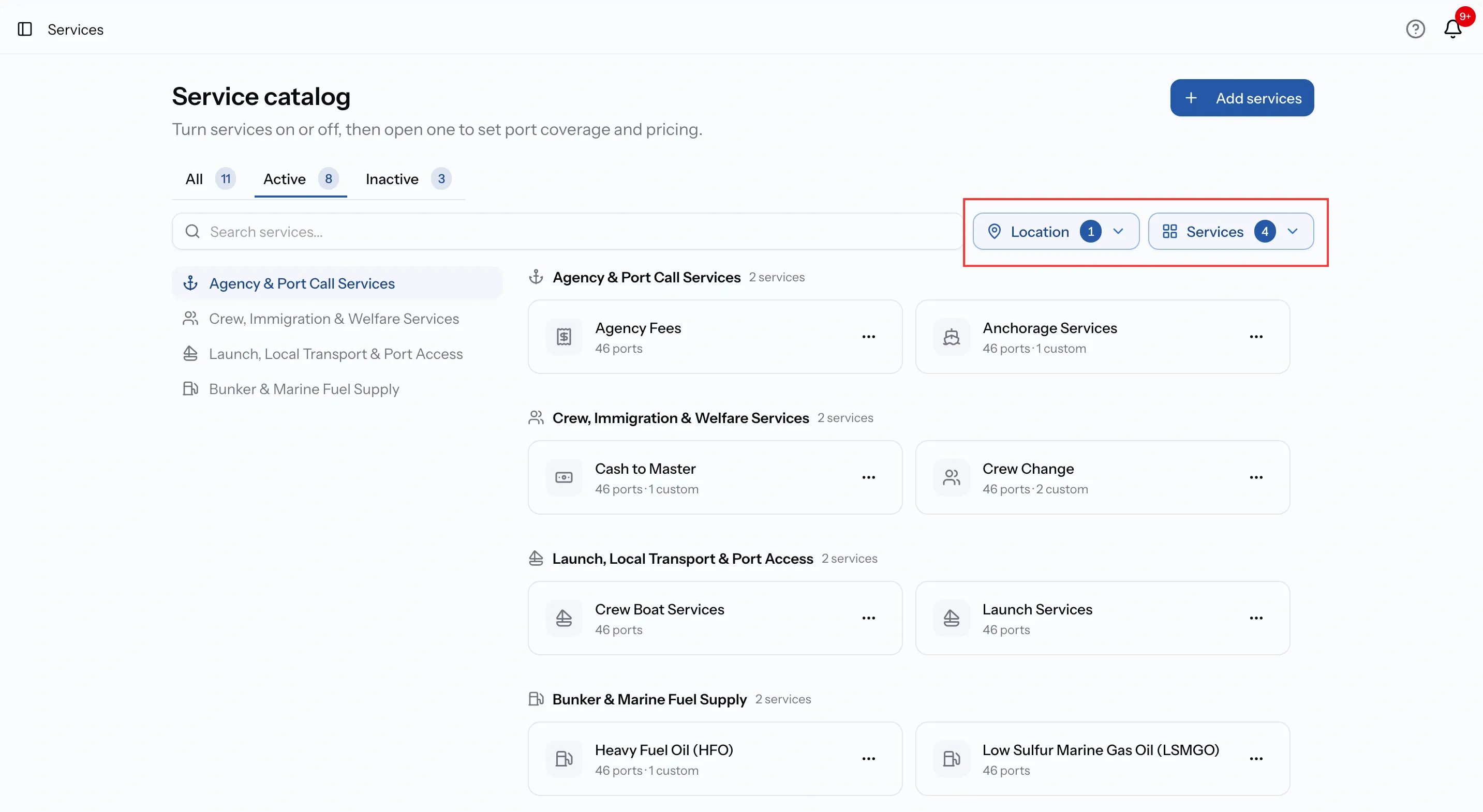 Service catalog with the Location and Services filters