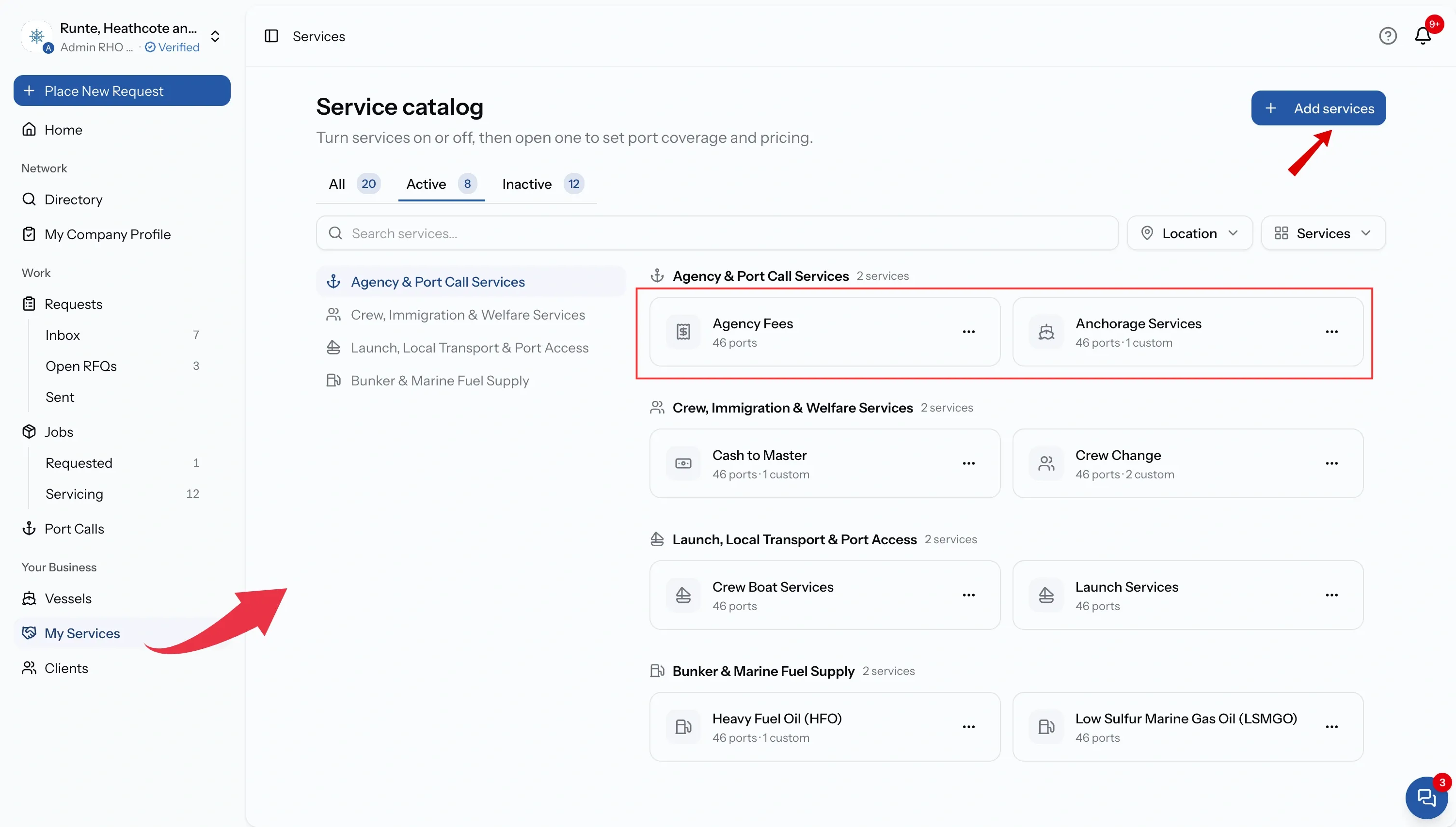 Service catalog page with All, Active and Inactive tabs carrying counts, a search box, Location and Services filters, and services grouped by category showing port count and custom pricing status