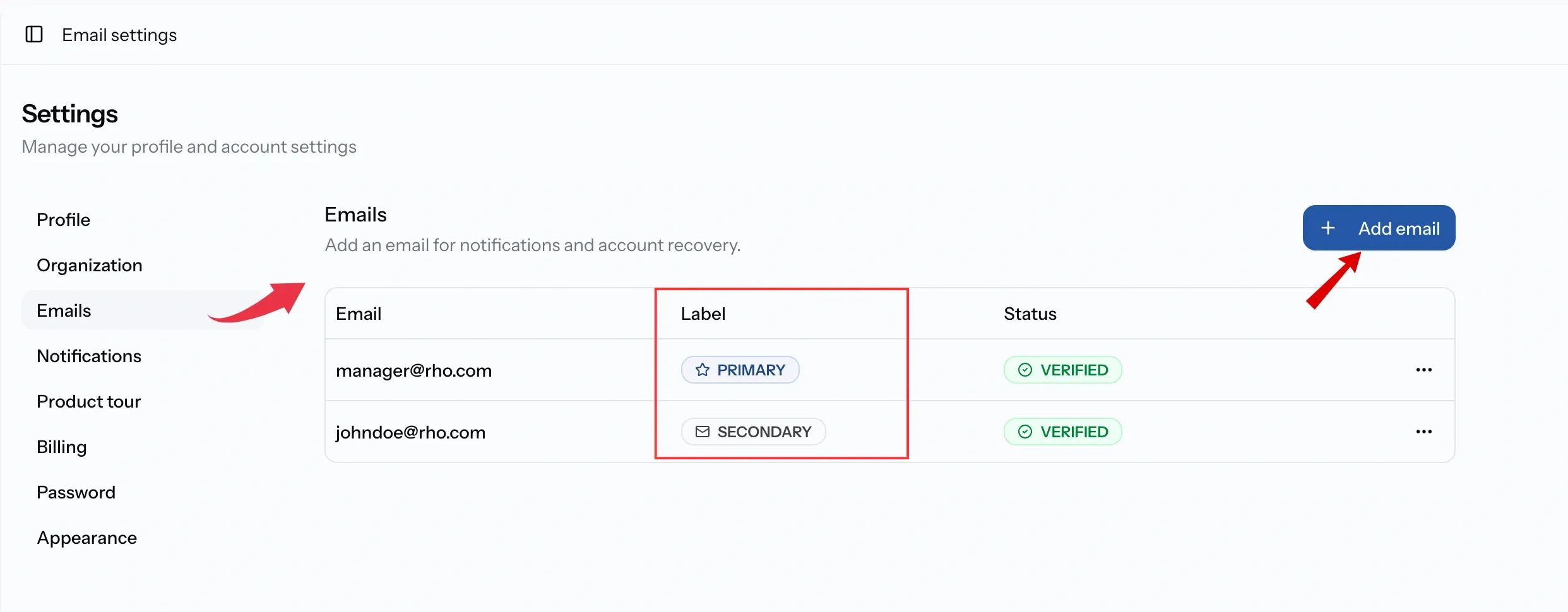 PortzApp email settings listing linked email addresses with primary and secondary labels and verified or verification sent status