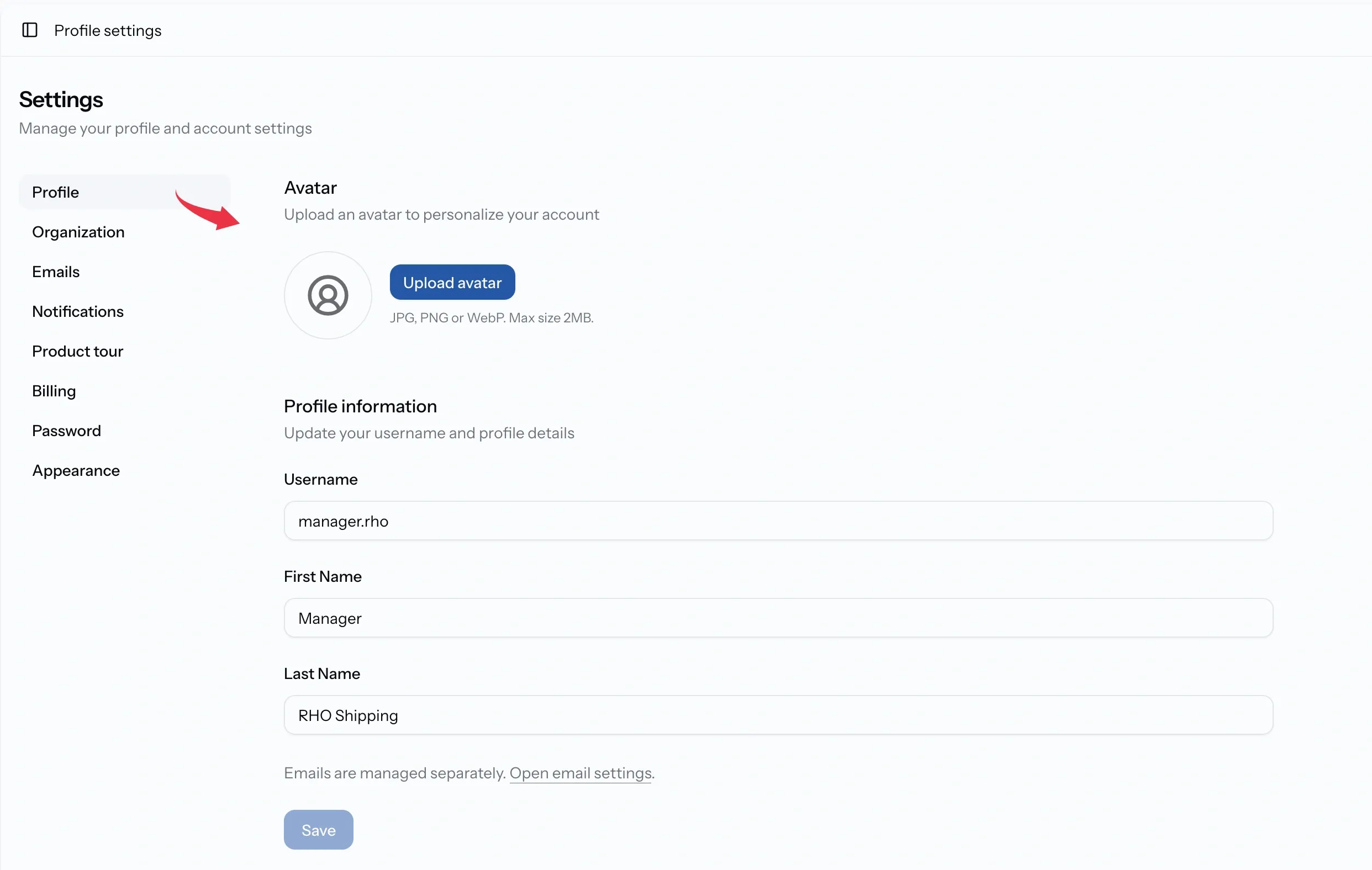 PortzApp profile settings showing avatar upload above username, first name and last name fields