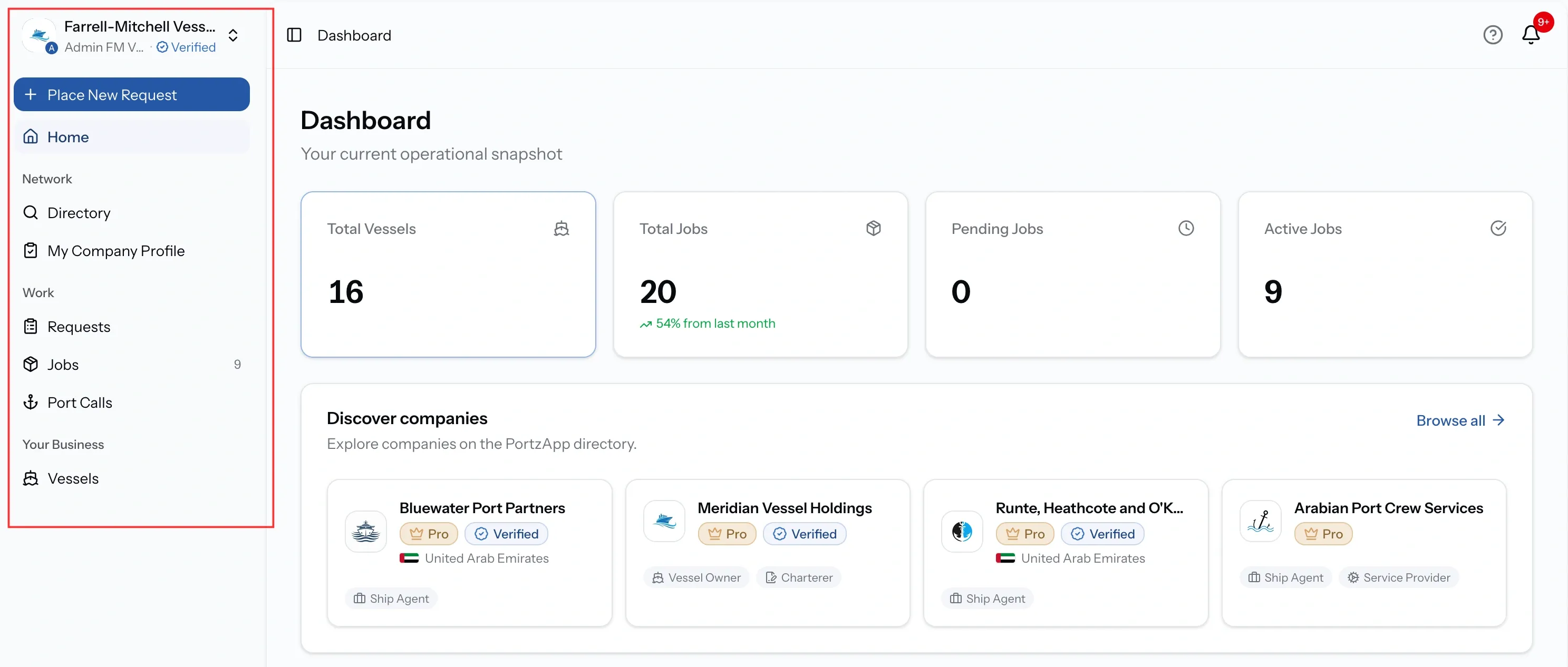 PortzApp dashboard with the sidebar highlighted, showing Network with Directory and My Company Profile, Work with Requests, Jobs and Port Calls, and Your Business with Vessels