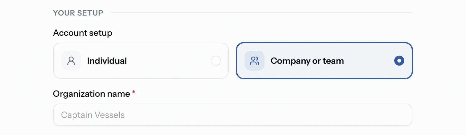 Individual and Company or team tiles side by side, with Company or team selected and a company name field below