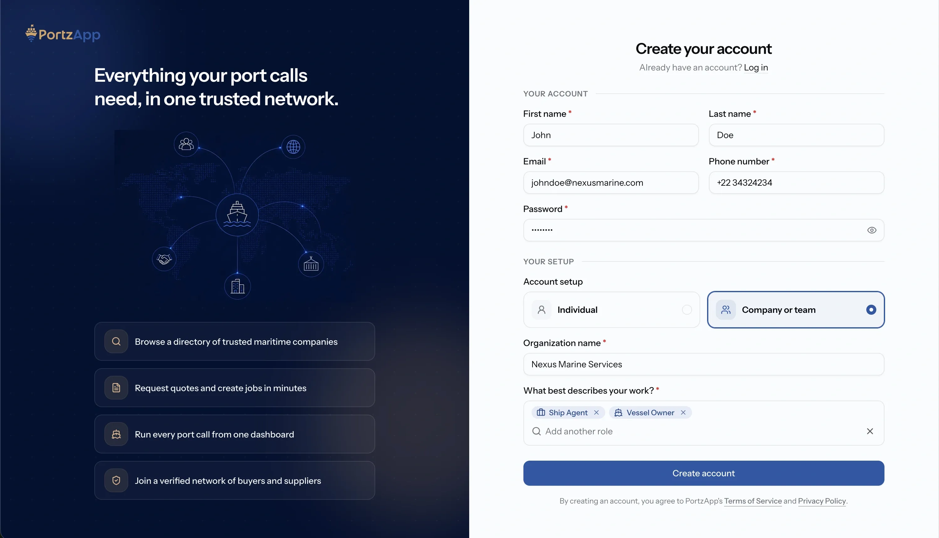 The complete PortzApp sign-up form, with name, email, phone and password at the top, and account type tiles and work types below