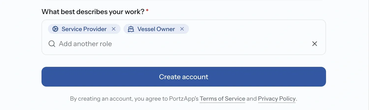 Work types search list with several roles ticked and a Create account button below
