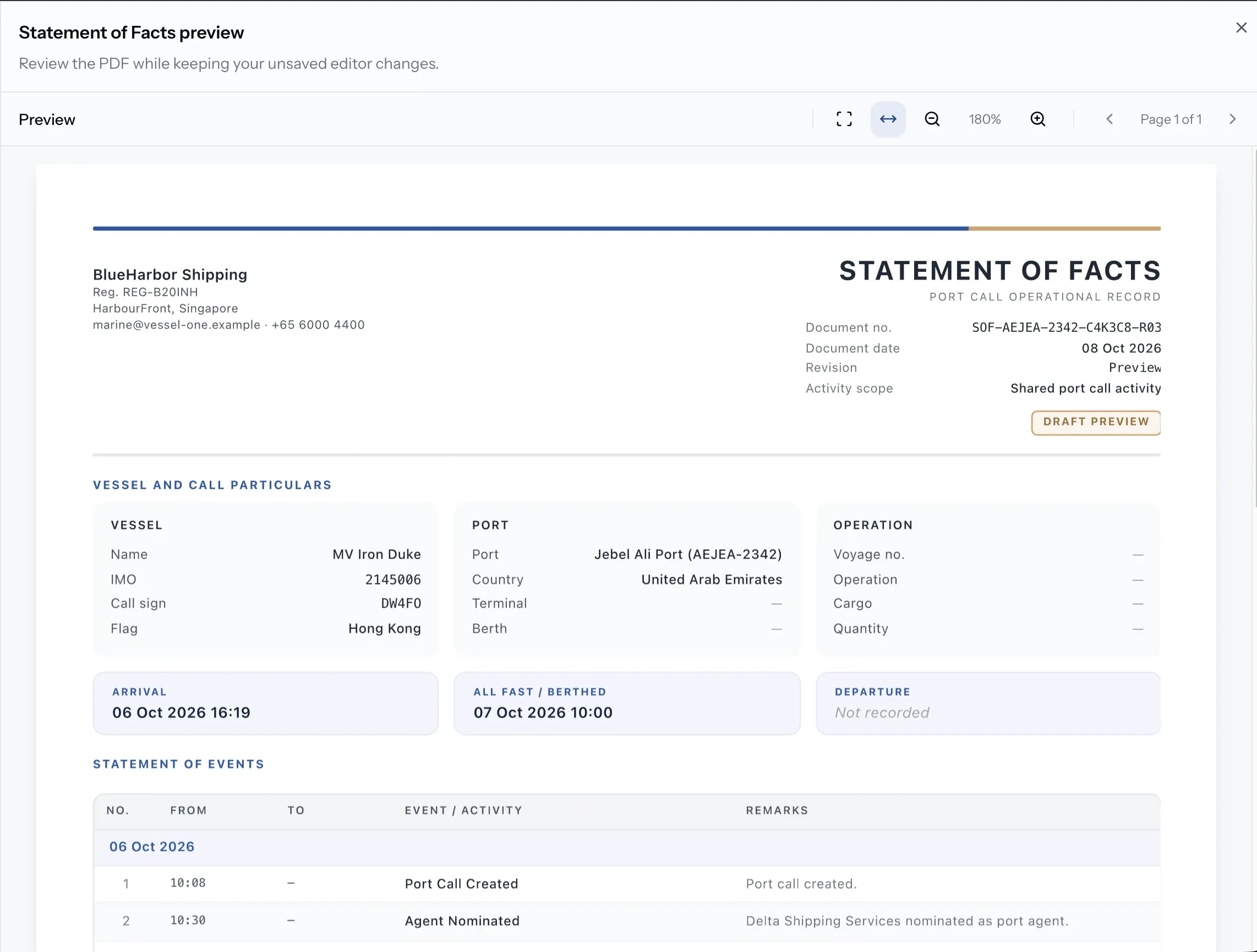 SOF document details with PDF preview