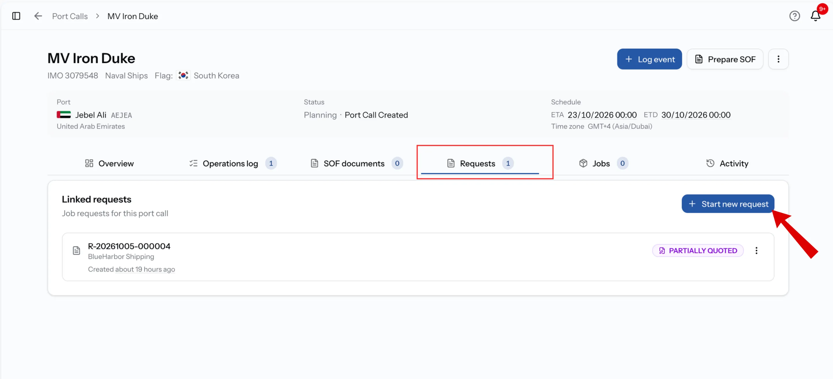 A port call page showing the vessel, port and dates, with the option to start a new request for that visit