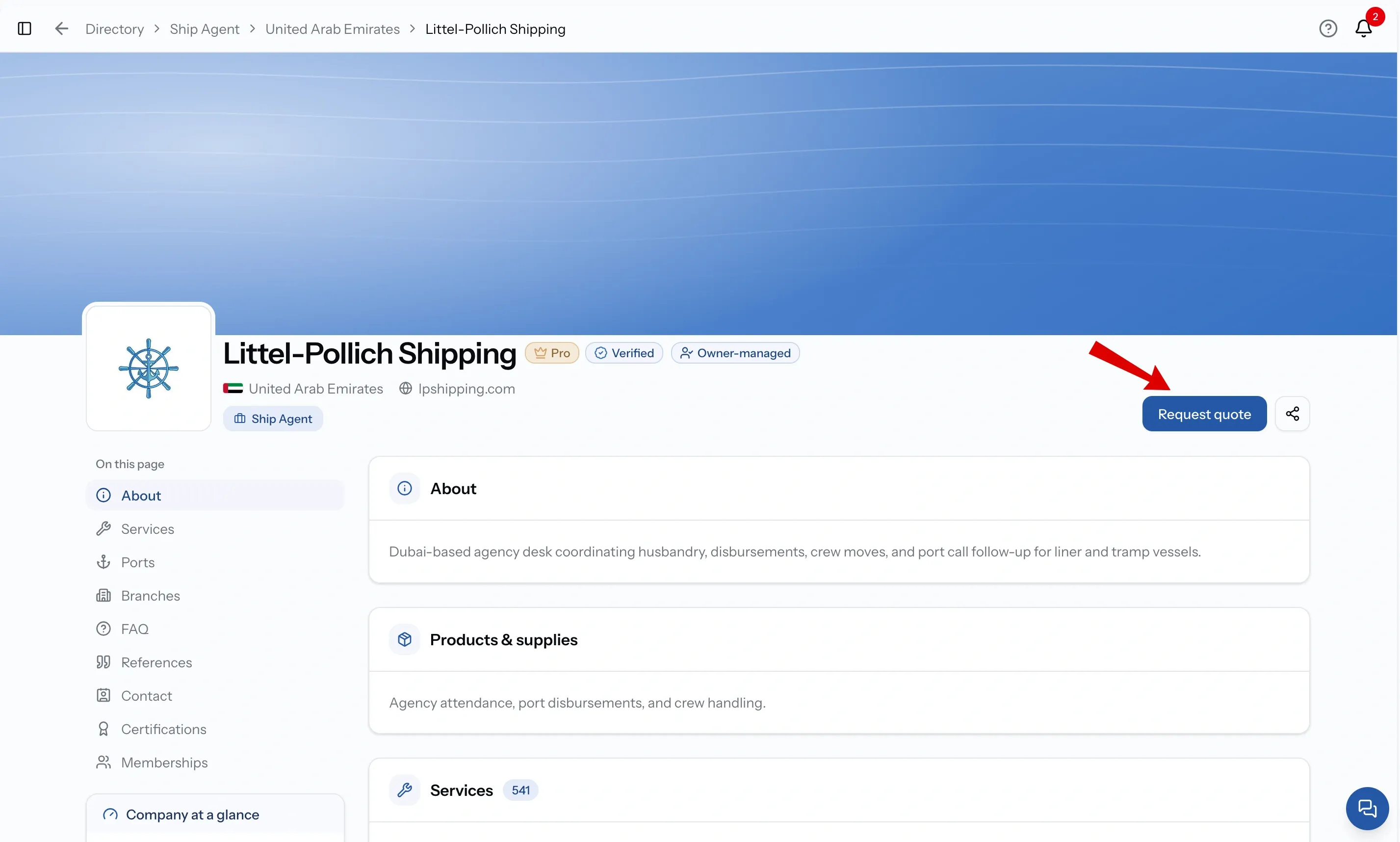 The Request quote button on a company profile in the Maritime Directory