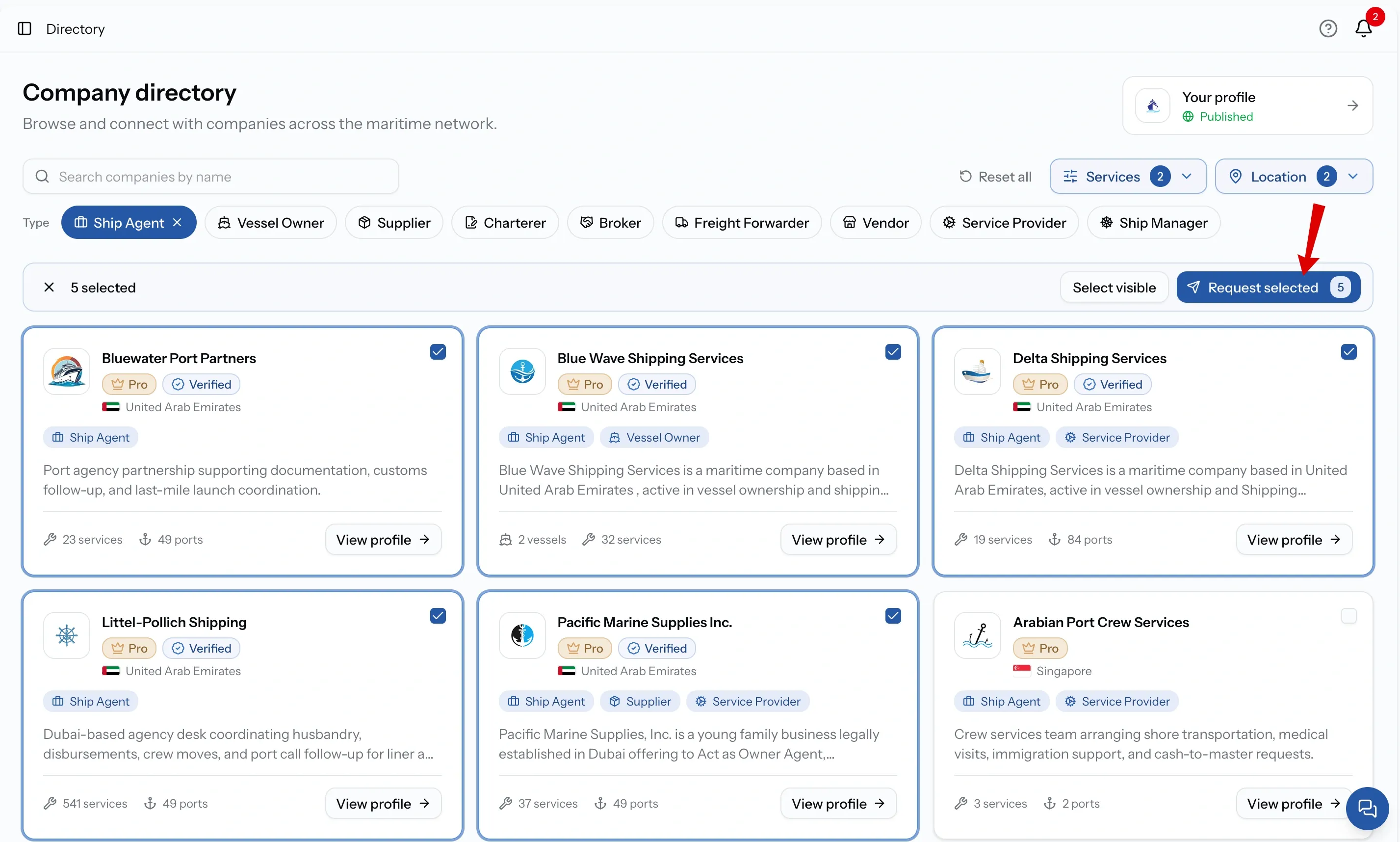 The Maritime Directory with Select multiple switched on, several companies ticked and the Request selected button visible