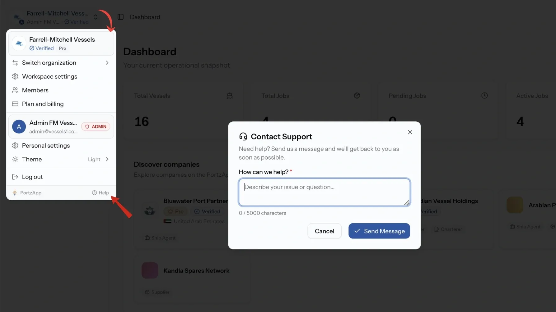 PortzApp account menu with Help highlighted, opening the Contact Support dialog with a message field