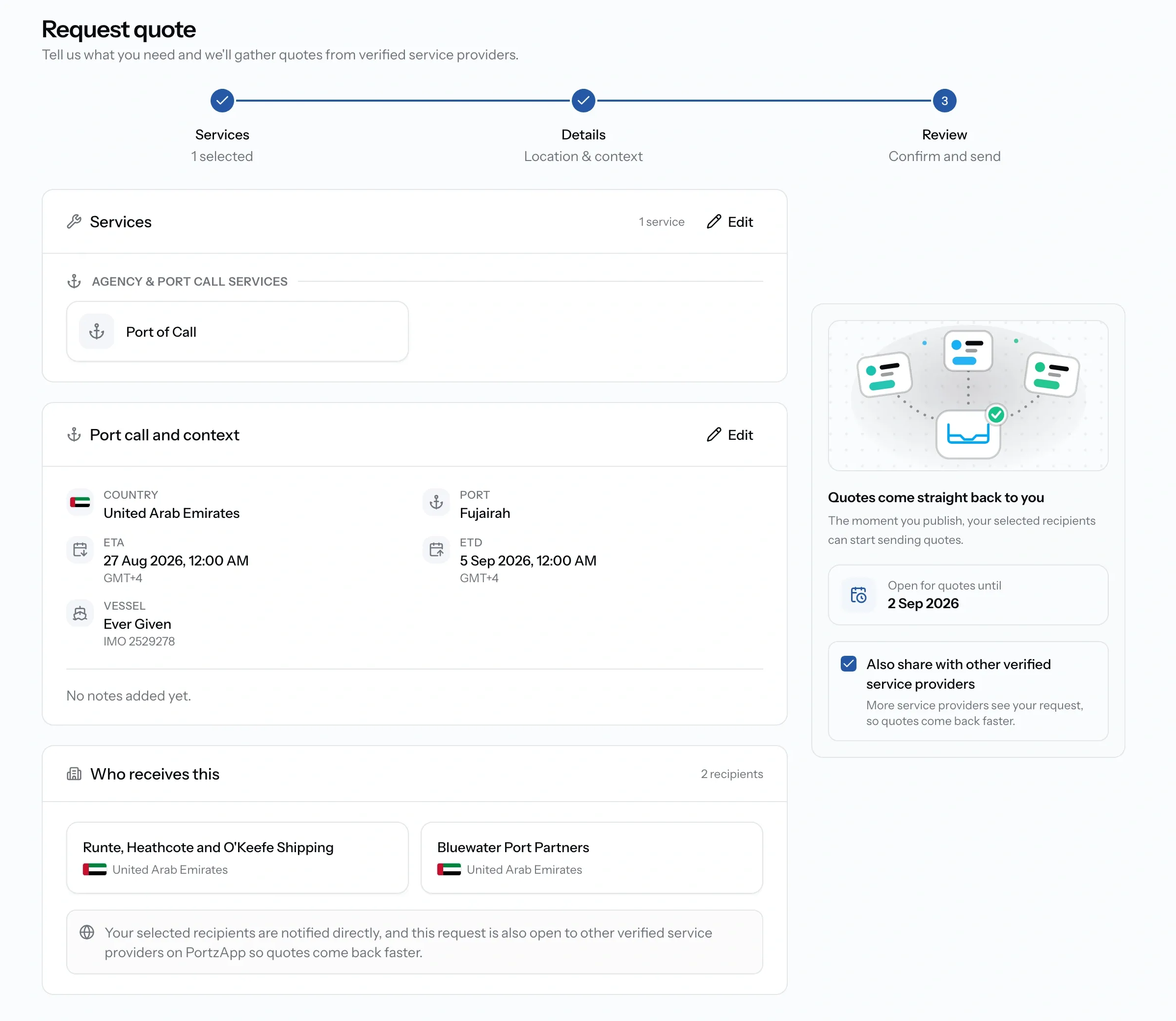 PortzApp Request quote showing selected recipients alongside the ticked option to also share with other verified service providers