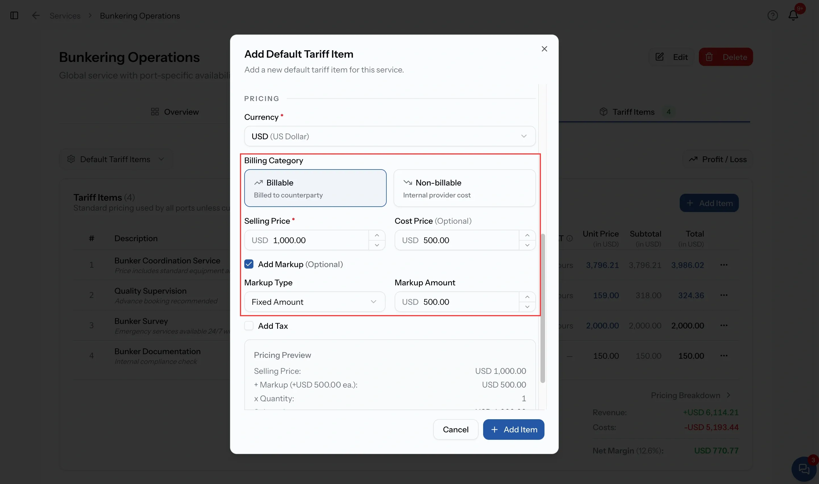 The Pricing section with Billable selected, showing the Currency picker, the Billable and Non-billable options, and the Selling Price and Cost Price fields side by side