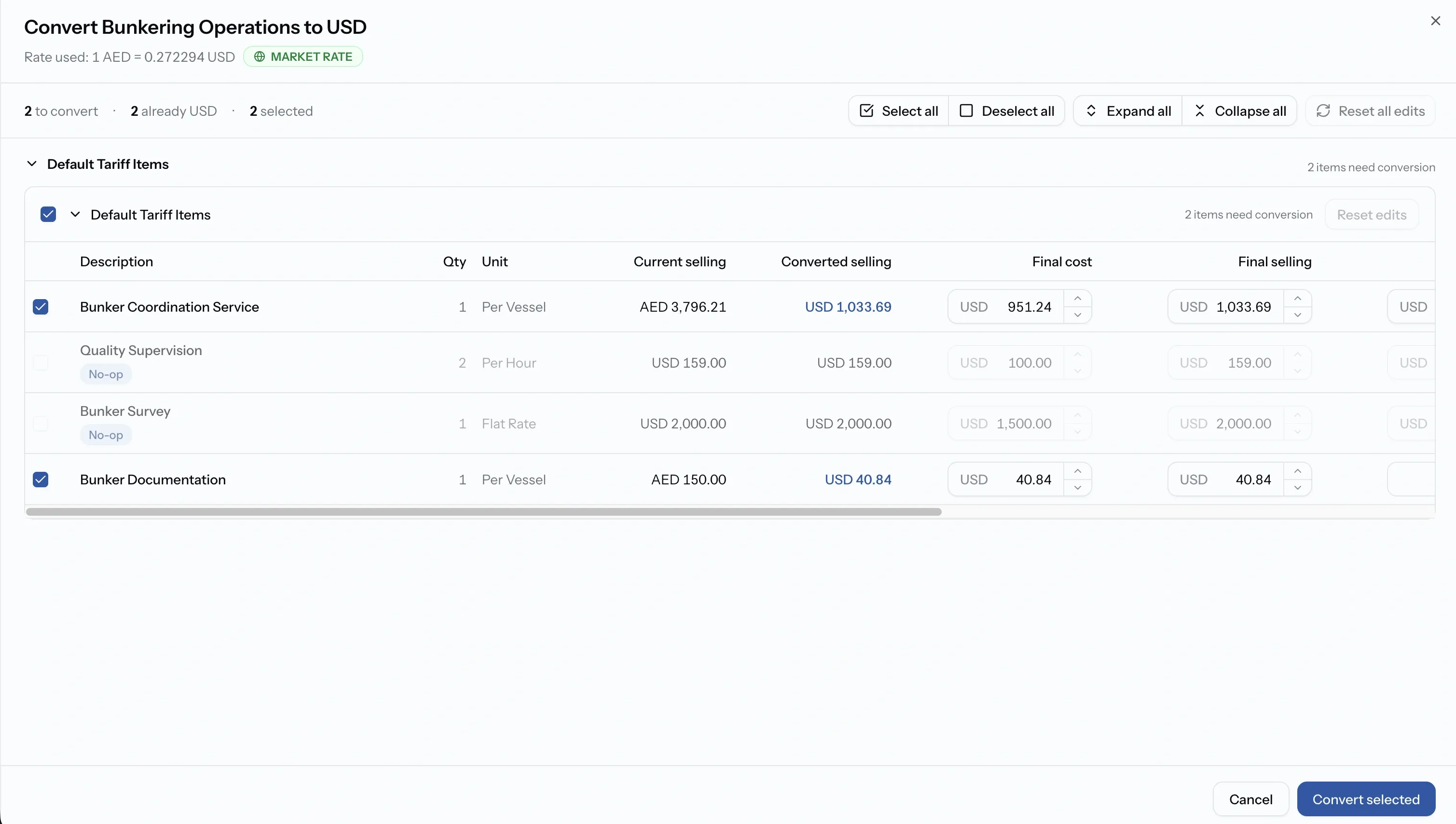 The conversion review panel listing tariff lines with current selling price, the rate applied and the converted selling price, with cost and markup shown underneath