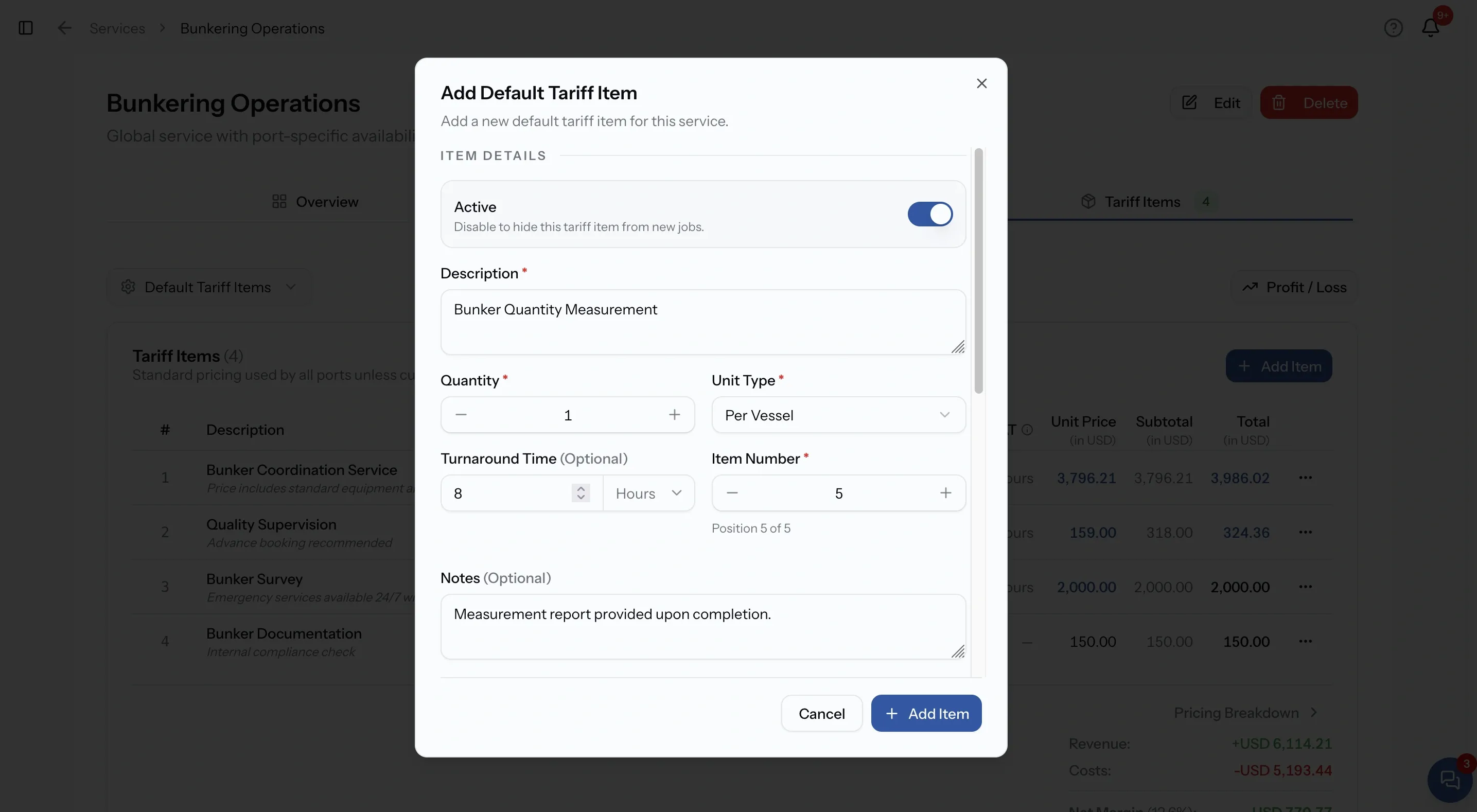 The Item Details section of the tariff line form, showing the Active toggle, Description, Quantity, Unit Type, Turnaround Time and Notes
