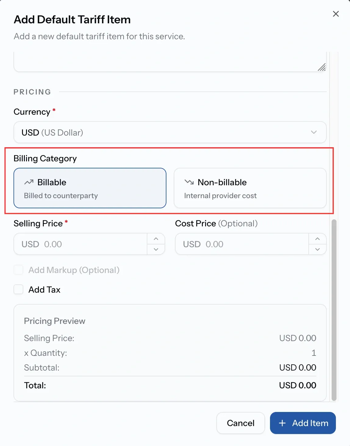 PortzApp tariff item billing category selection showing billable billed to counterparty and non-billable internal provider cost options