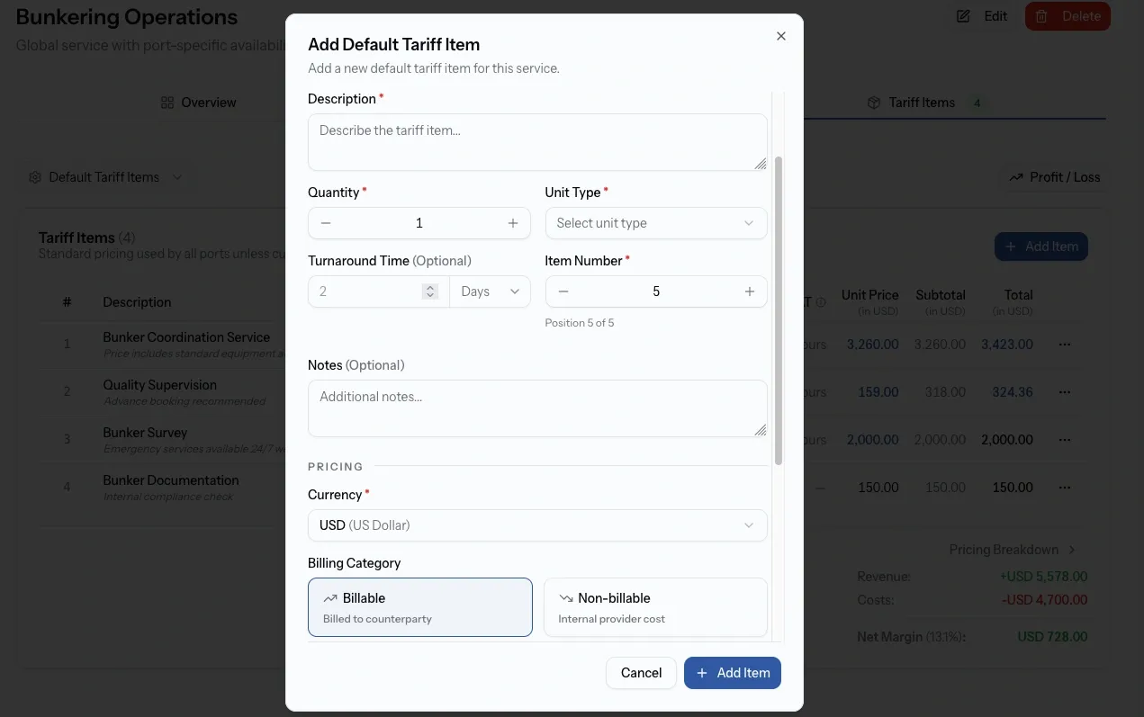 PortzApp tariff item form showing description, quantity, unit type, turnaround time, item number and currency fields