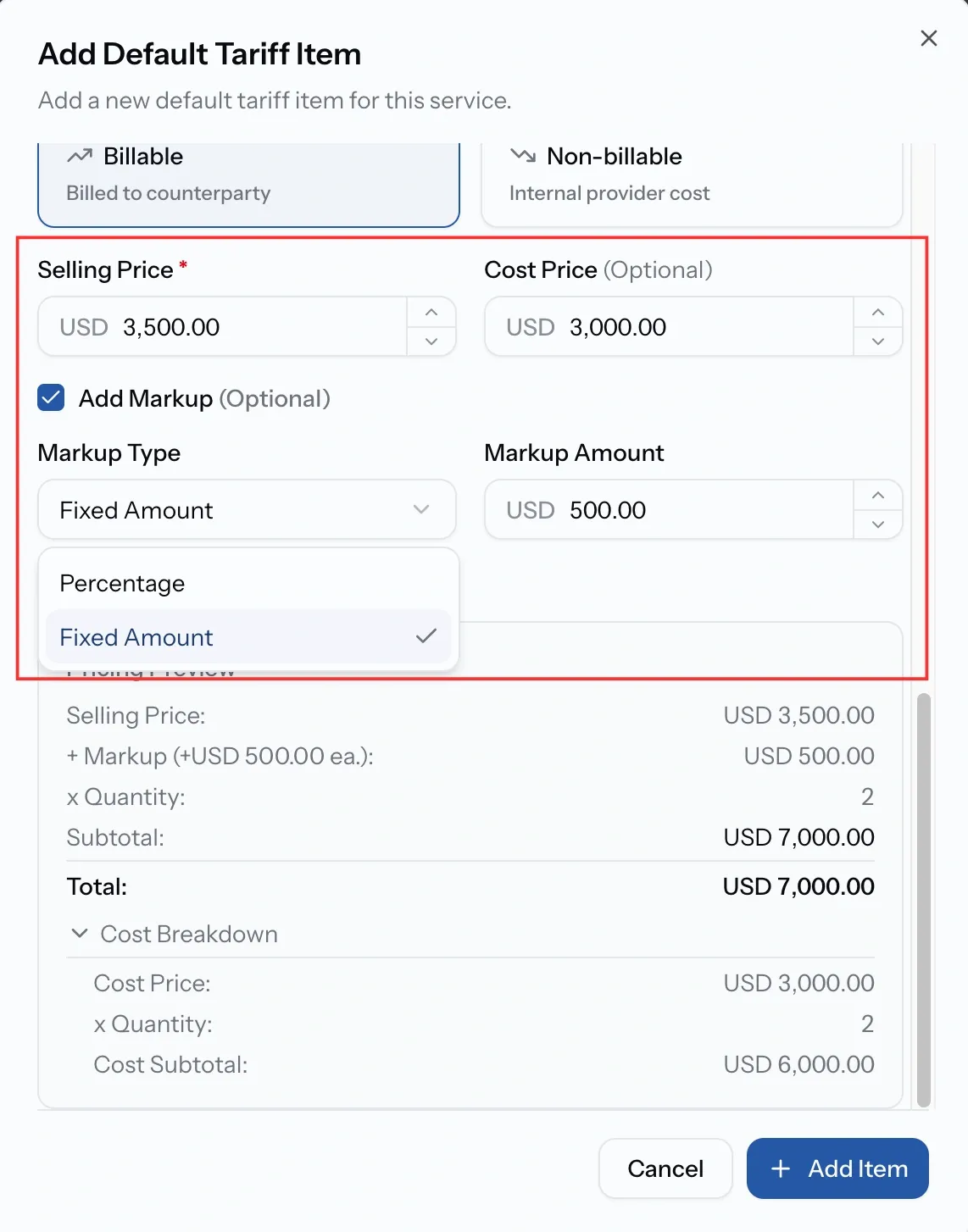 PortzApp tariff item pricing showing selling price and cost price fields with an optional markup by percentage or fixed amount
