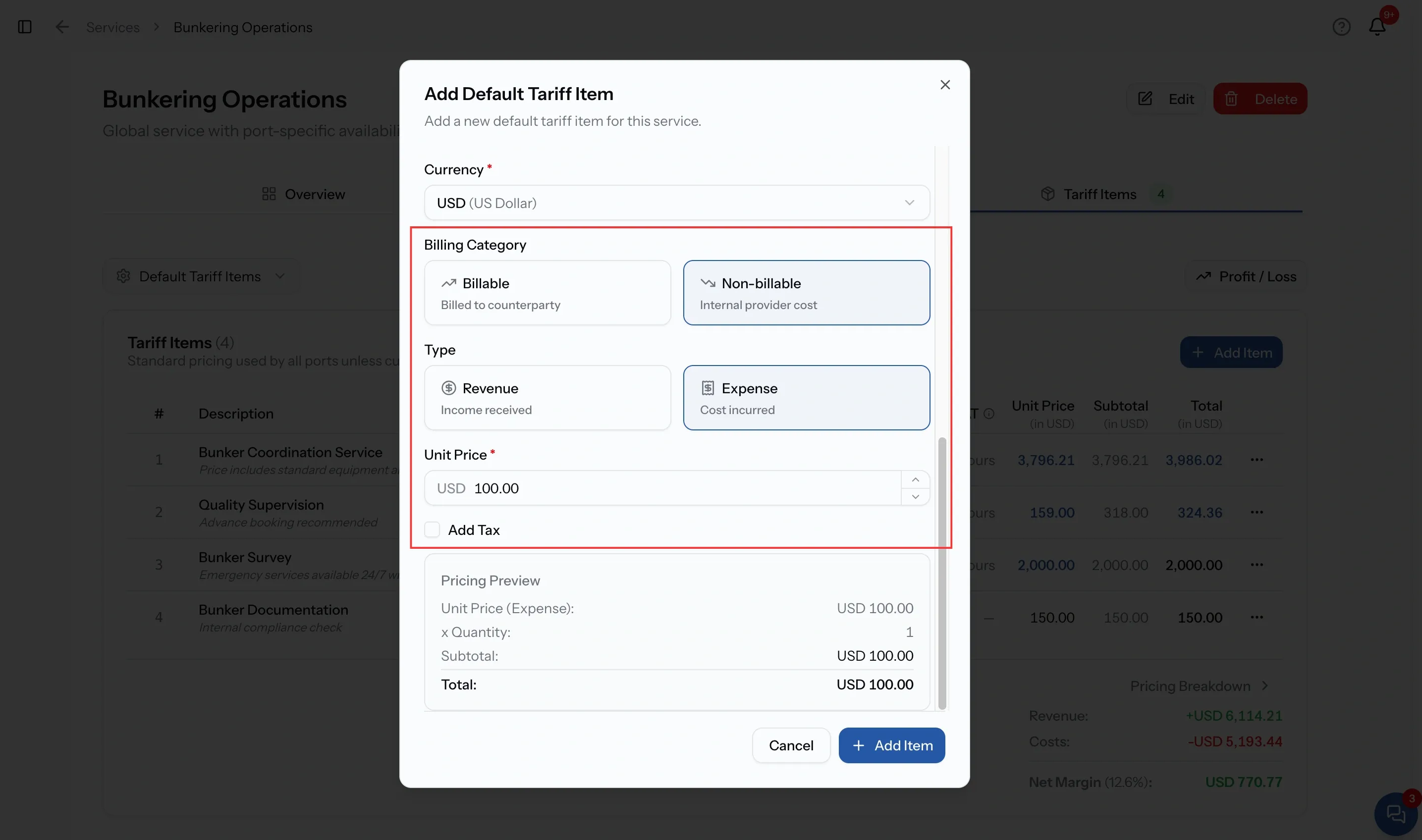 The Pricing section with Non-billable selected, showing the Revenue and Expense options and a single Unit Price field, with no markup section