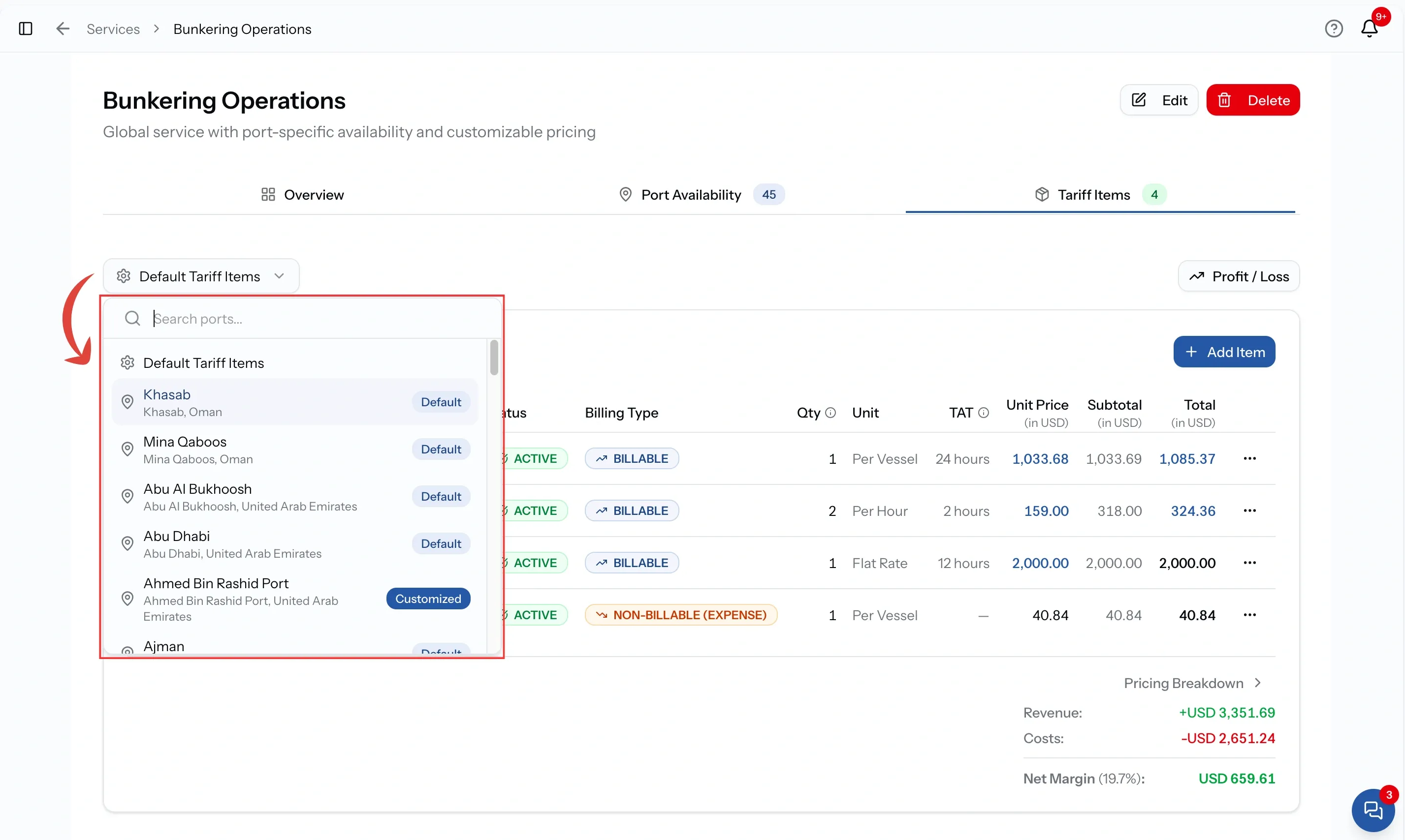 The port selector above the tariff items list, open, showing a search box, the Default Tariff Items option and ports each carrying a customized or default badge