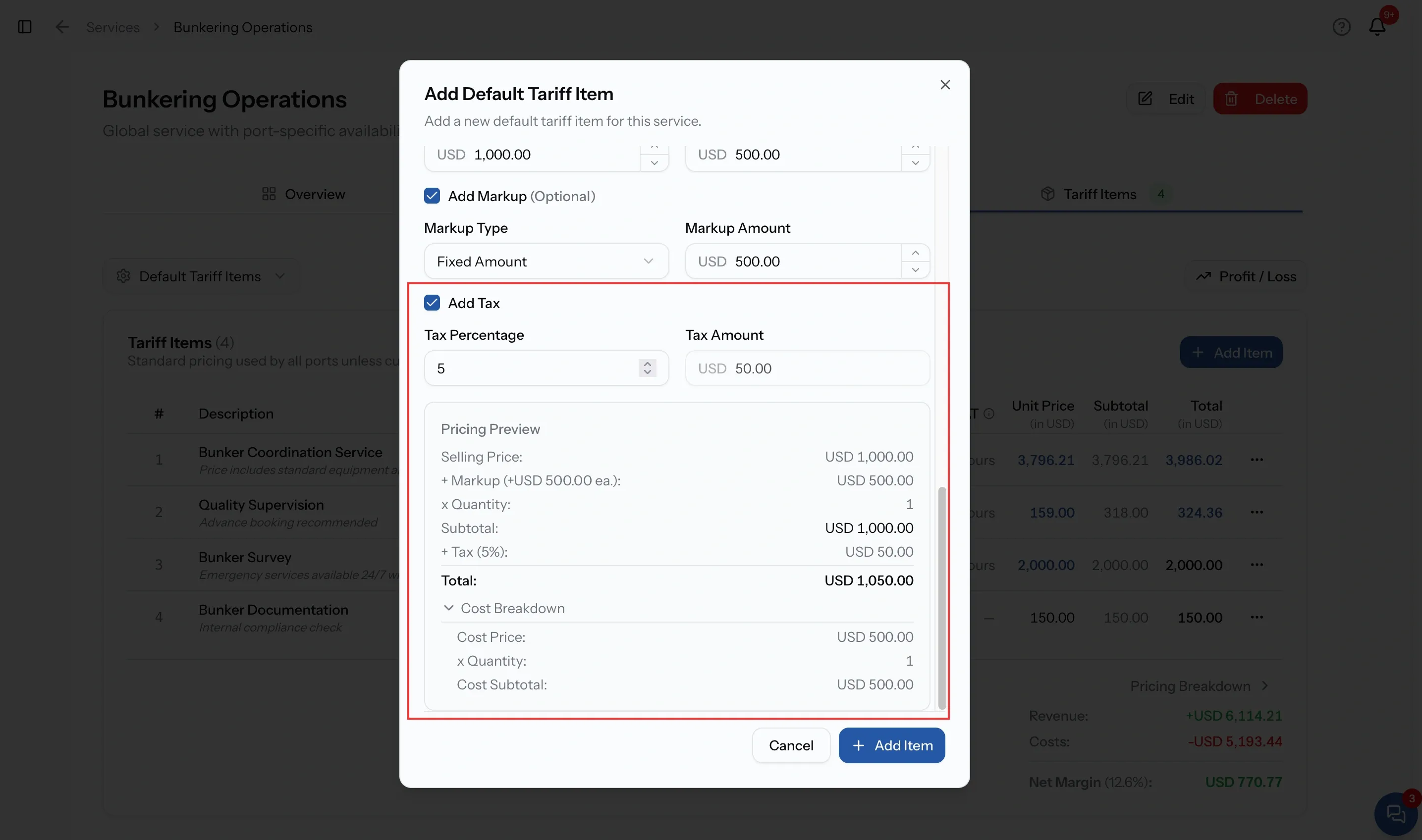 The Add Tax section with a tax percentage entered and a read-only tax amount, and the Pricing Preview panel below it showing the line totals