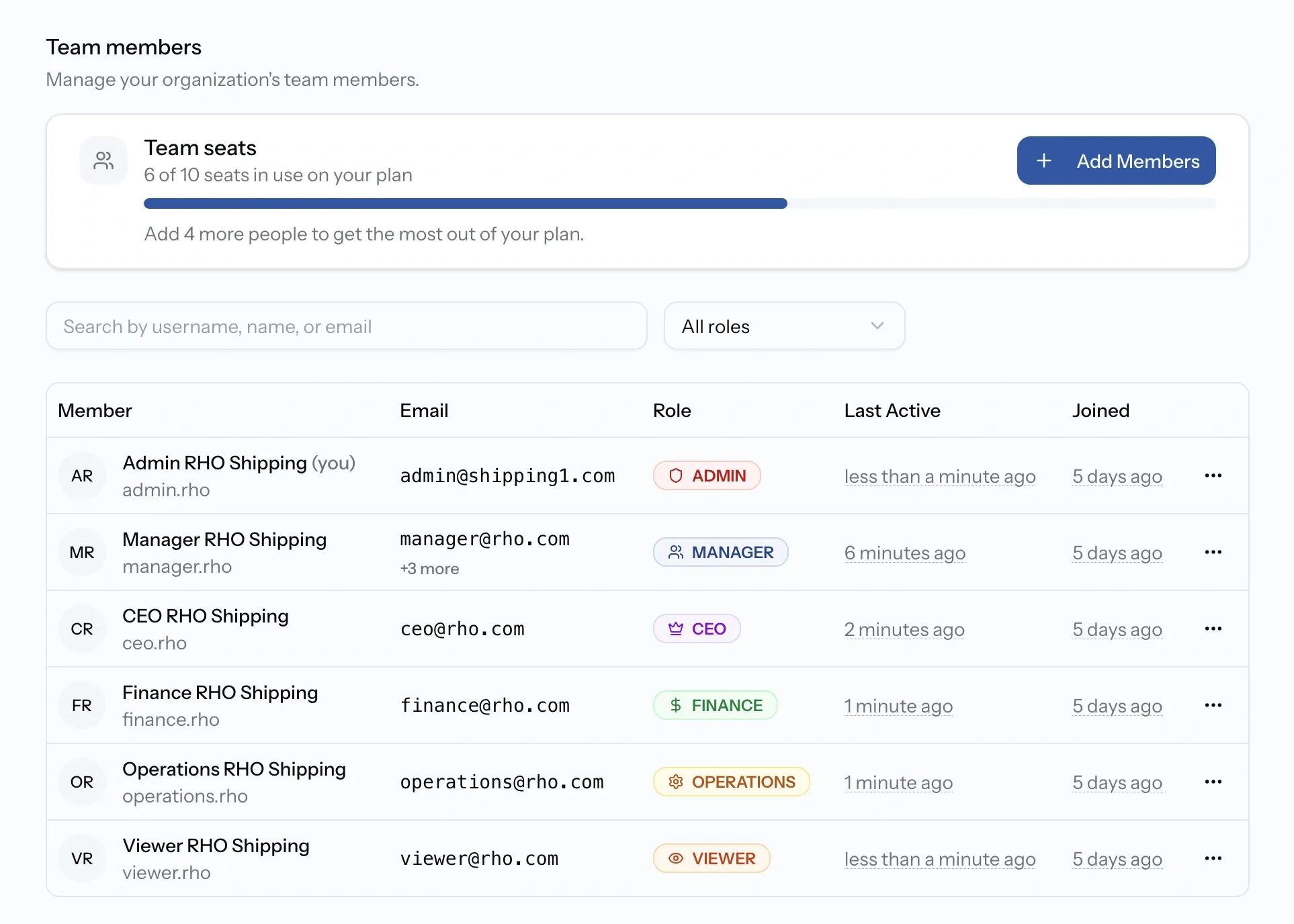 PortzApp organization settings showing team seats in use above a searchable list of members with their roles