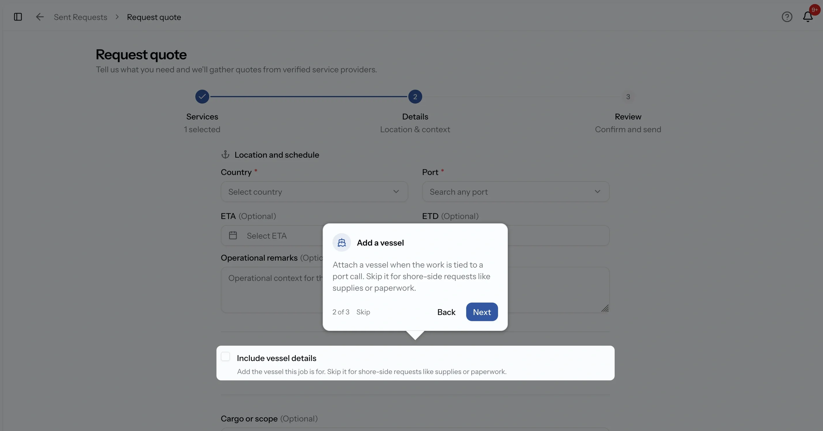 PortzApp request builder with a guided tour step explaining when to attach a vessel and when to skip it for shore-side work
