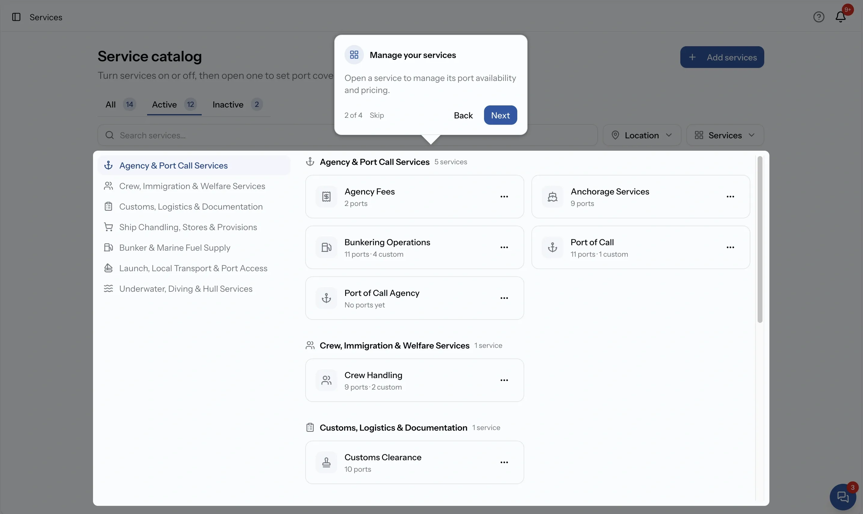 PortzApp service page with a guided tour step