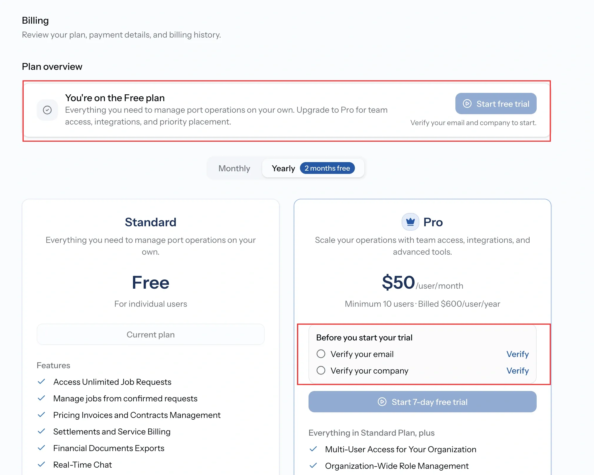 PortzApp before you start your trial checklist showing verify your email and verify your company requirements