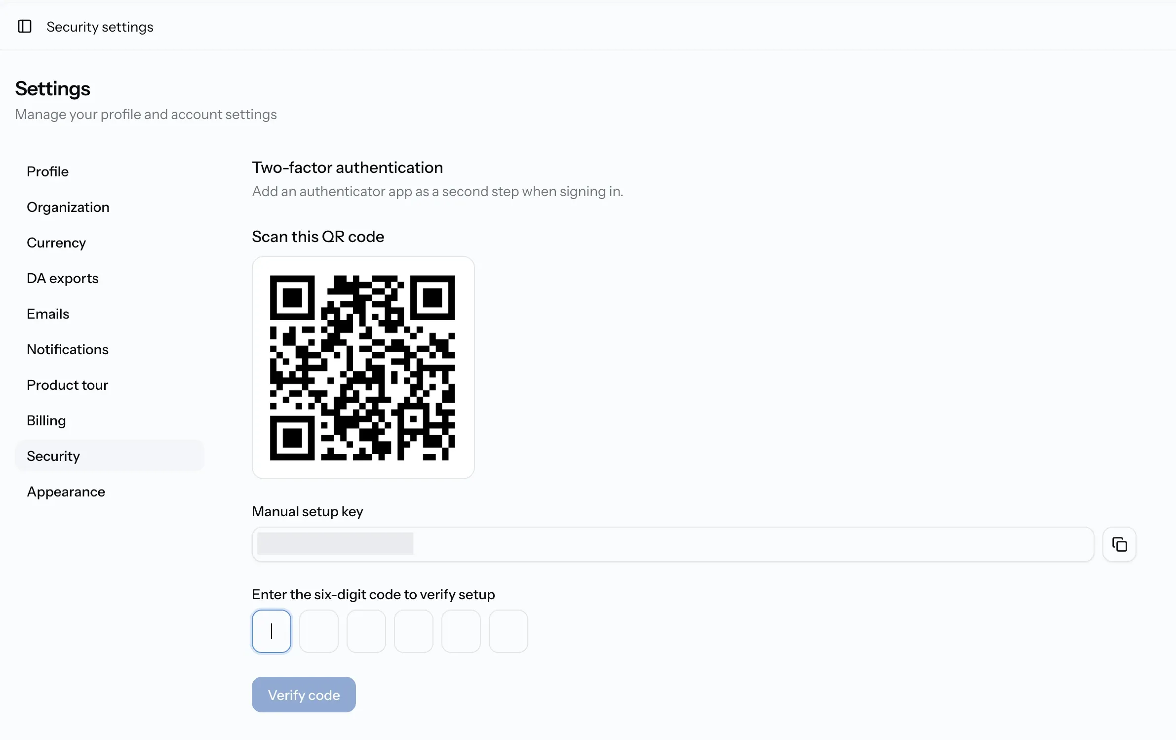 Two-factor setup with QR code and code field