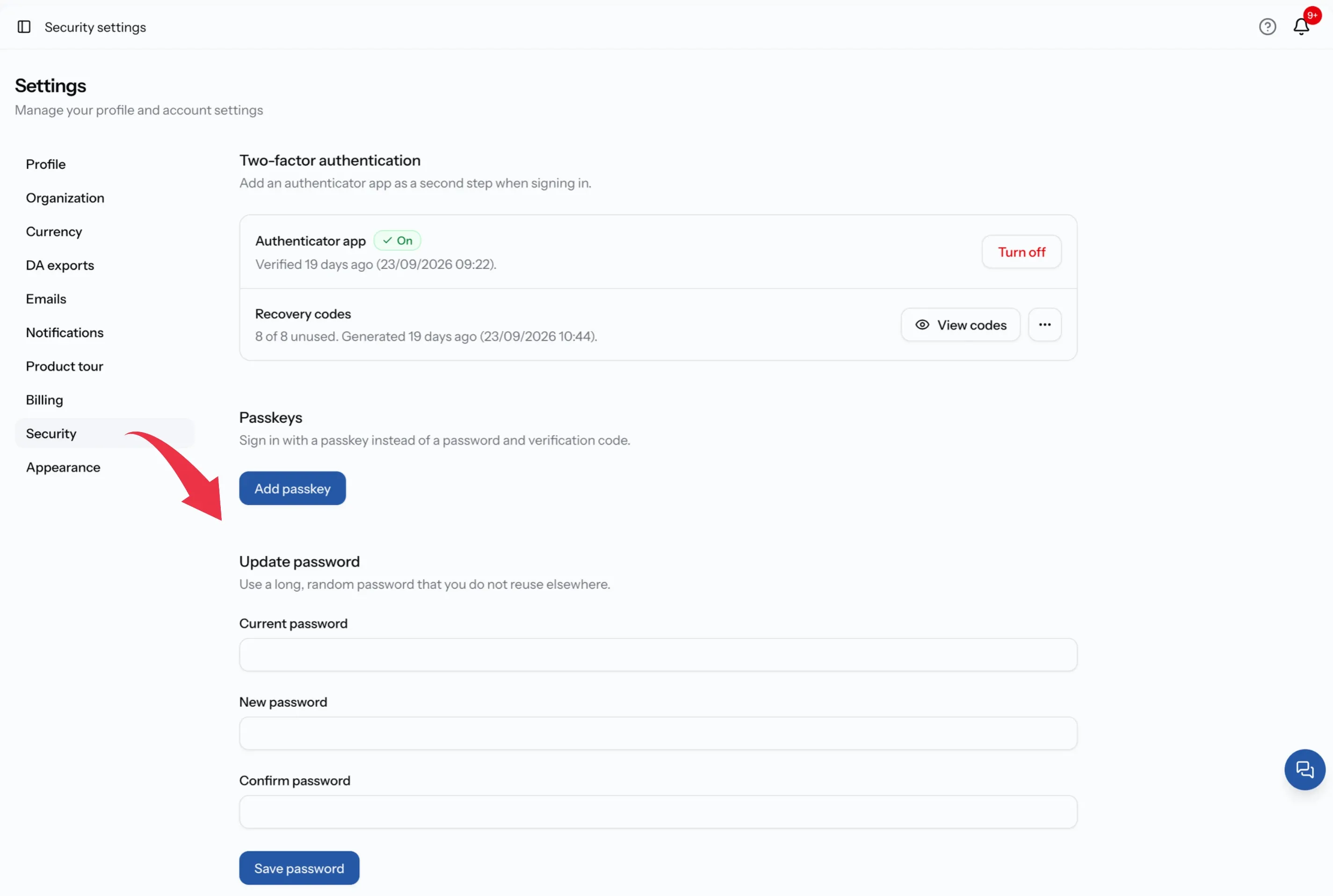 Update password section in Security settings