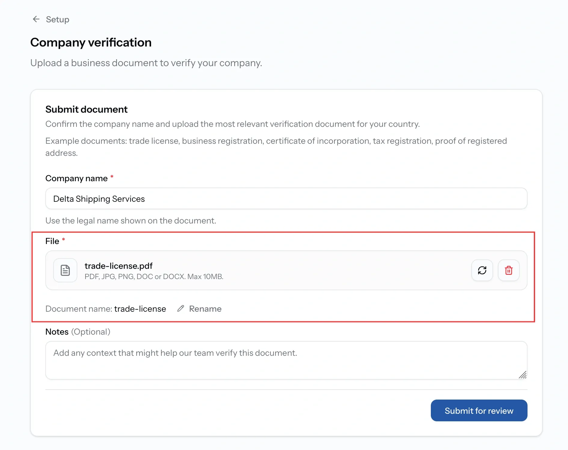 Verification form with the File field highlighted, showing an uploaded trade-license.pdf and a Rename link for the document name