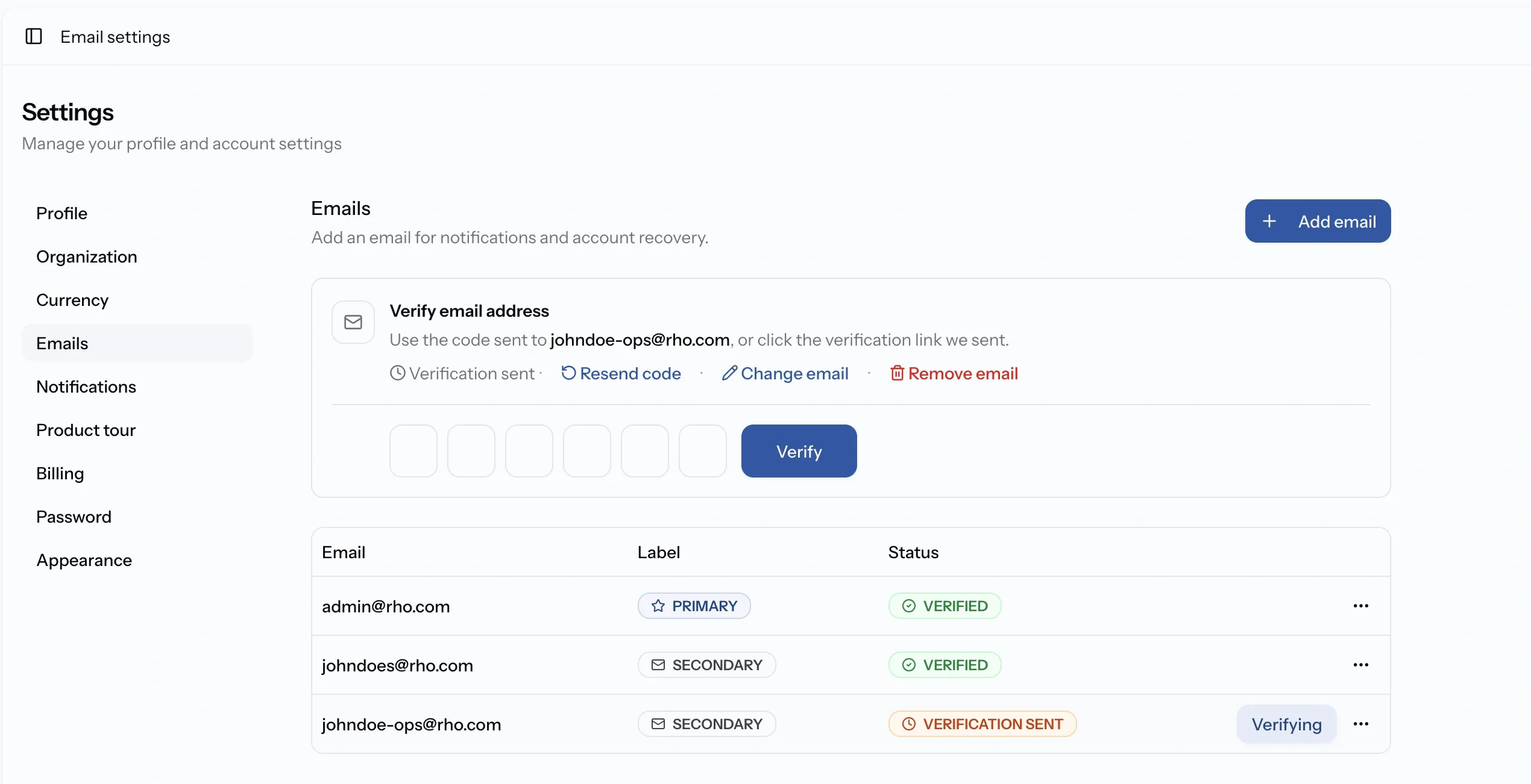 Verify email address panel showing six single-character code boxes, a Resend code button, and a Verify button