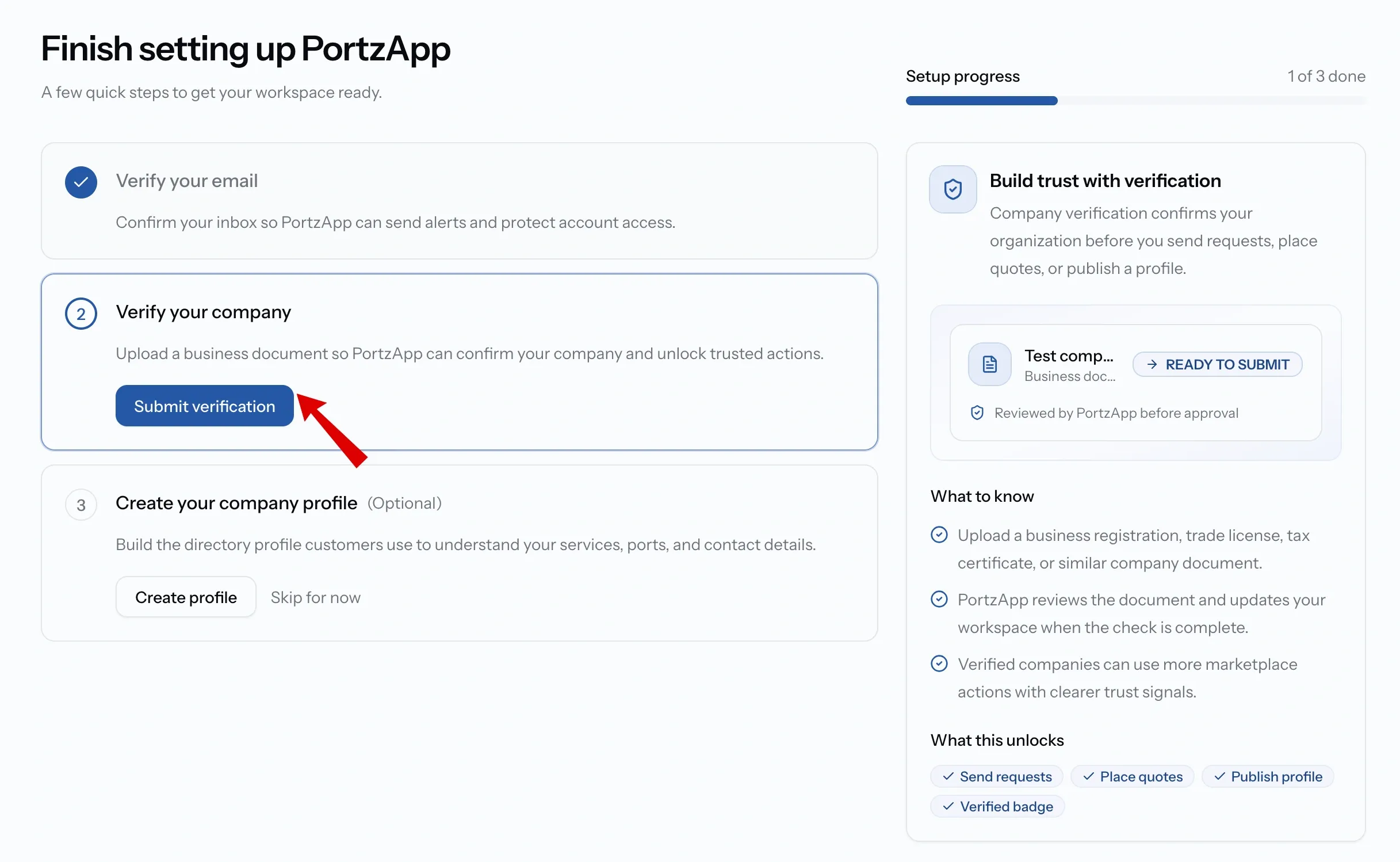 Setup checklist with Verify your email marked Done and the Verify your company task highlighted and now available