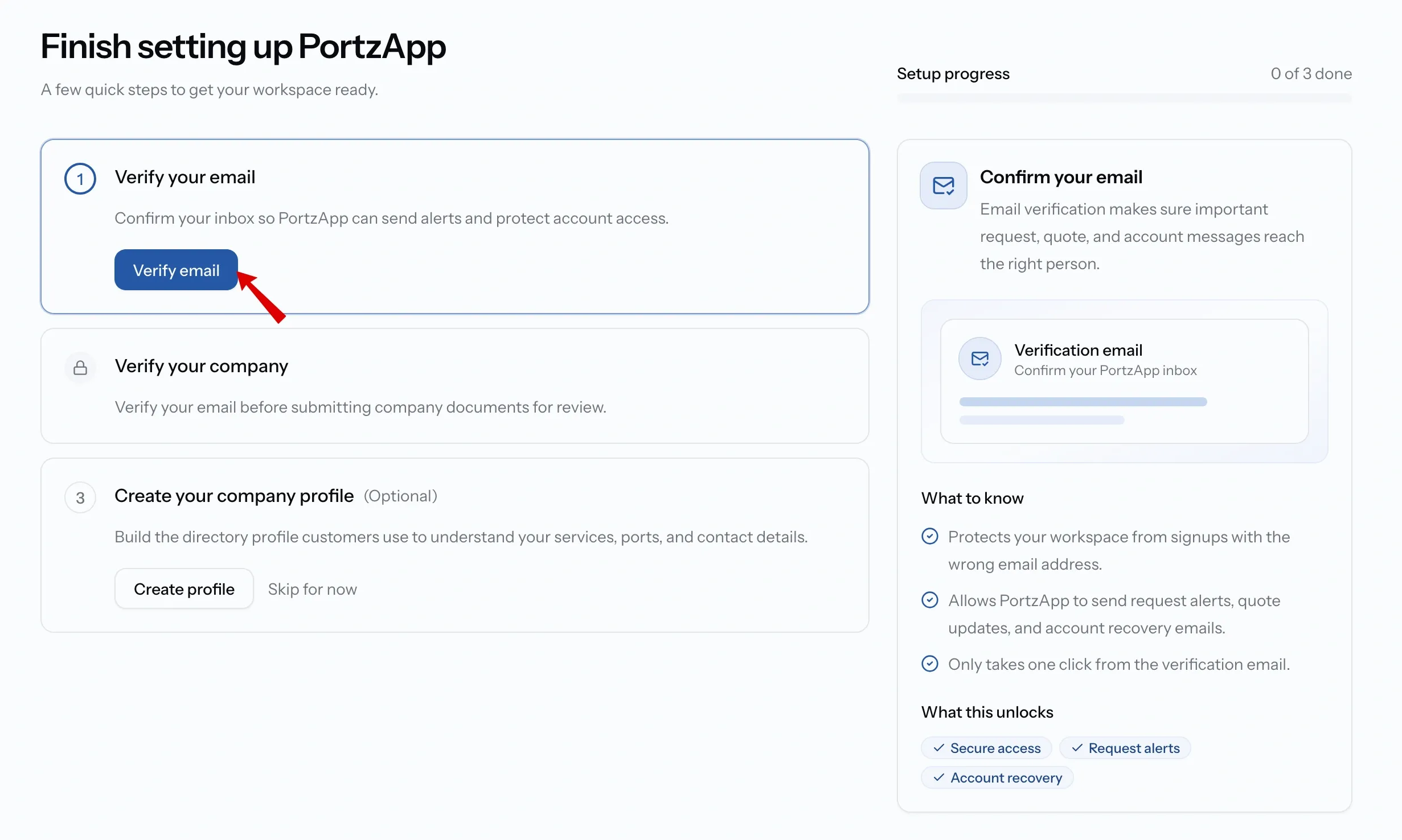 Verify your email task on the setup checklist, with a Verify email button.