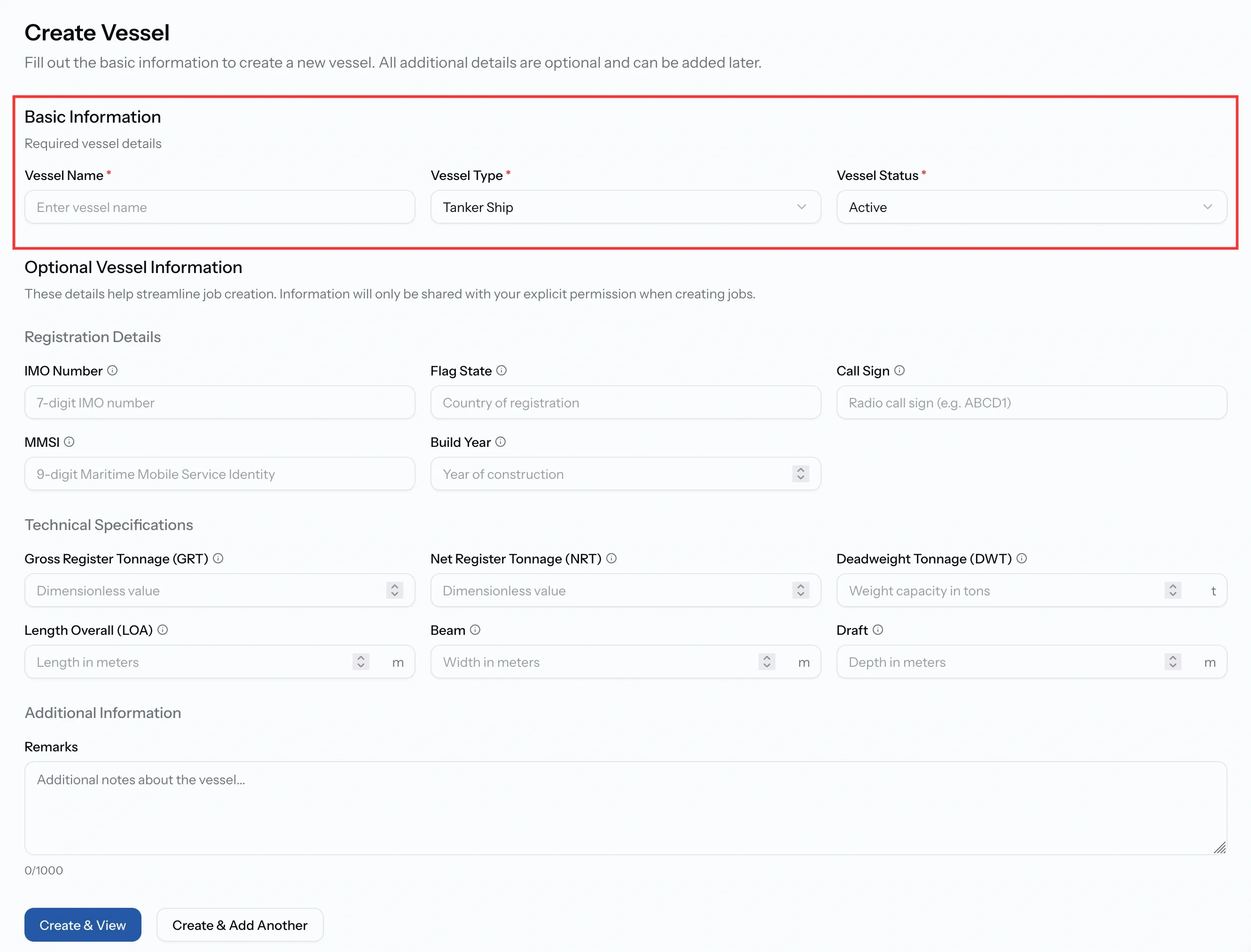 PortzApp create vessel form showing required name and vessel type fields above optional registration details and technical specification sections