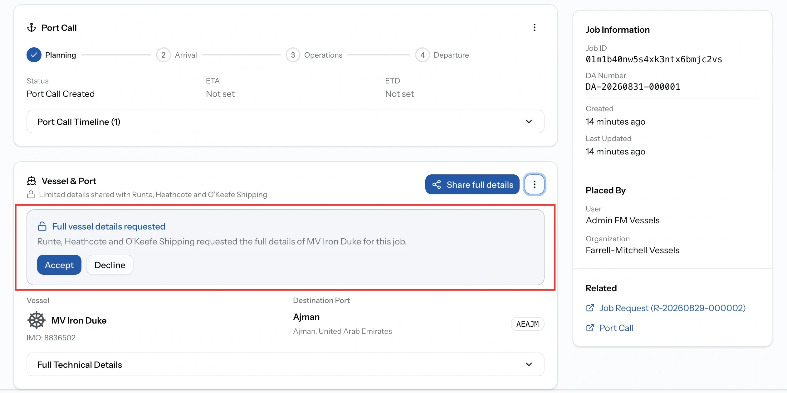 PortzApp job showing the full vessel details requested banner naming the provider, with Accept and Decline buttons