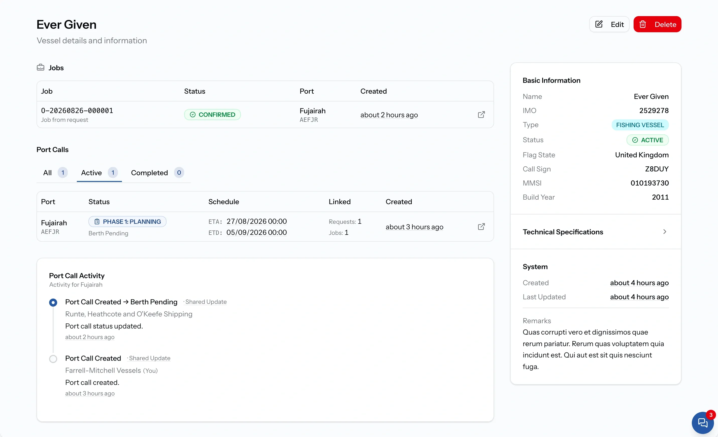 PortzApp vessel details page showing basic information, registration and technical specifications, and the jobs and port call activity linked to the vessel